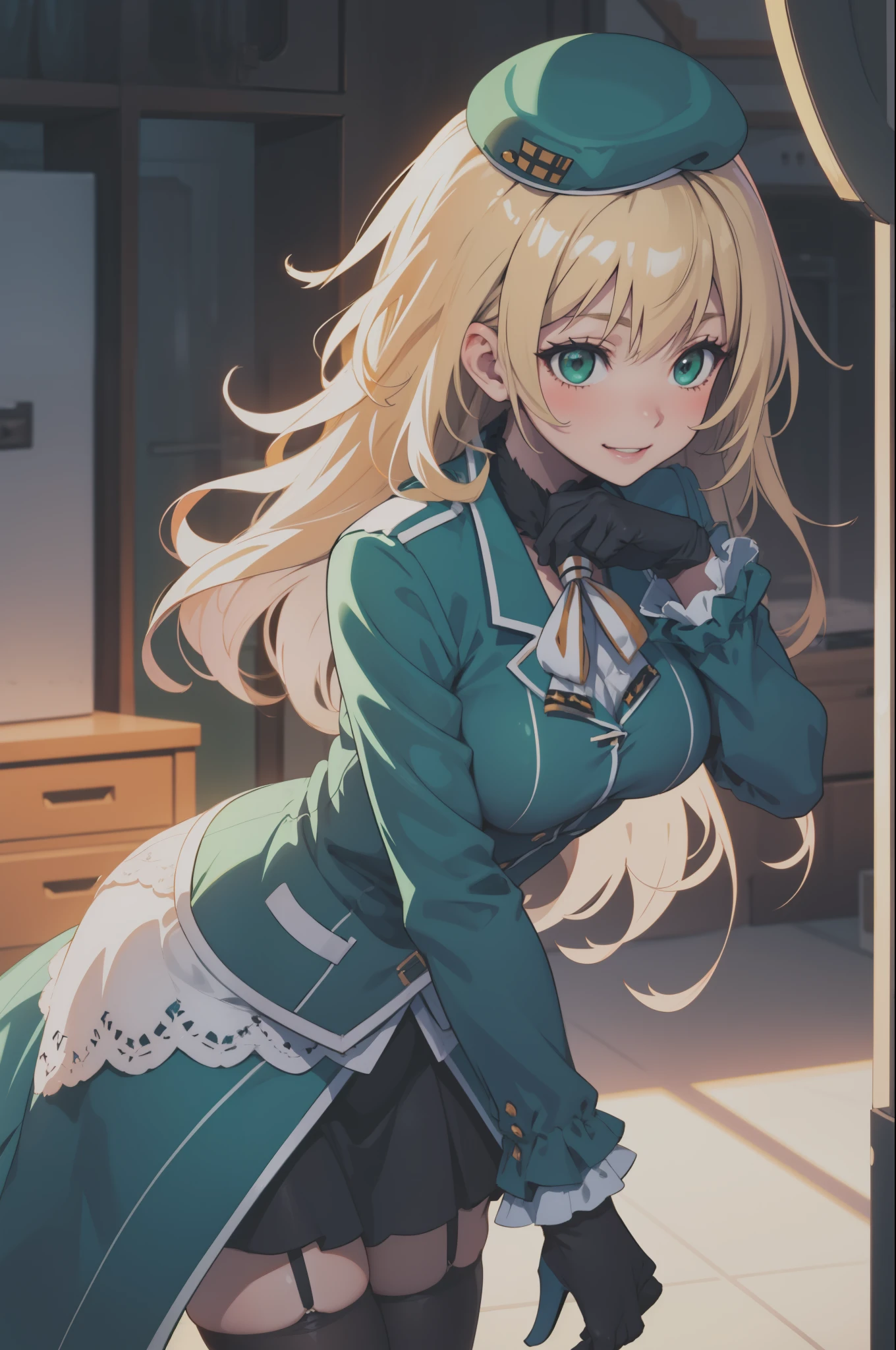 masterpiece, highest quality, High resolution, Kantai Collection, beret, Jacket, blue Jacket, Long sleeve, gloves, black gloves, skirt, Knee socks, Garter Straps, Cowboy Shot, room, smile, Mouth closed, In-person audience, throw, Leaning forward, Put your arms behind your back, 視聴者を見るbreak
AtagoKC, (Atago) green色ユニフォーム, (green)greenユニフォーム, (green) beret,(black) gloves, (black) pantyhose, (green) High heels, (green) skirt, (black) inner skirt,
break