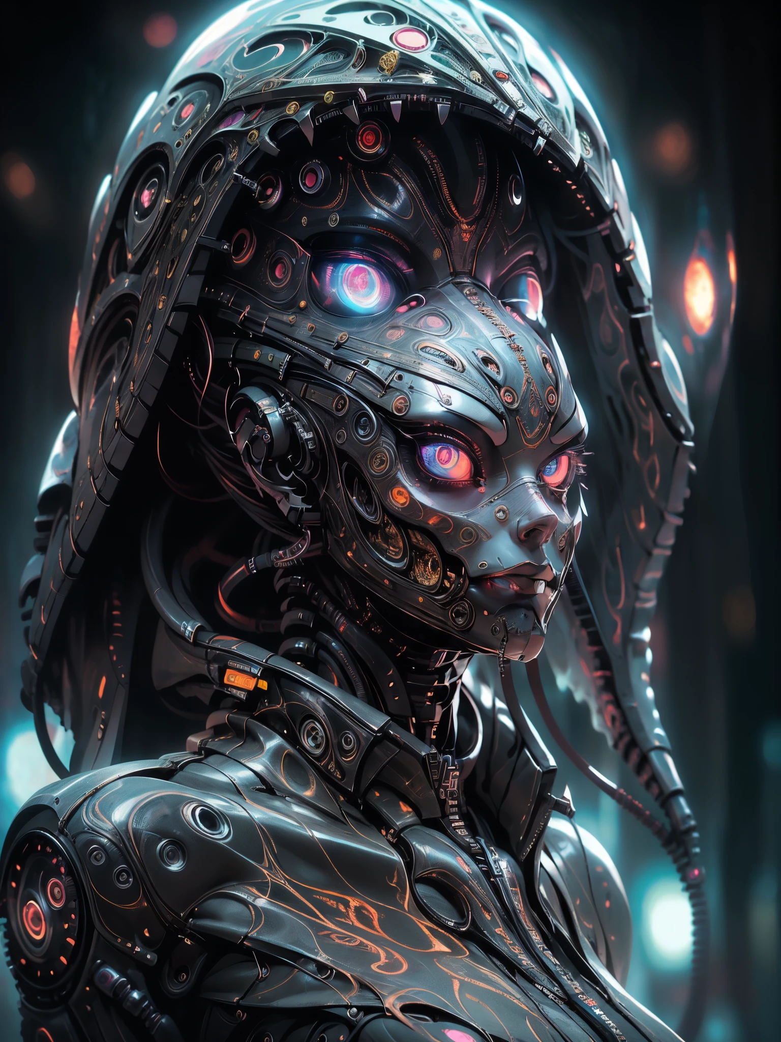 Topic prompt: "black, death scythe, hellish horror, view, torn clothes, looking down, illustrations, high resolution, ultra detail, dark fantasy, sharp focus, vibrant colors, dramatic lighting, bokeh." ". female robot pilot, mechanical creature, electronic wires transmit computer nerves, girl's face, dystopian surrealism, Alex Rice Zdzisaw Beksinski Giger, very intricate details, Chinese woman demon, deep glowing eyes contain galaxies, head contains nebula, deep aesthetics, concept art, carved silver circuits, diodes, resistors, semiconductors, ornate.