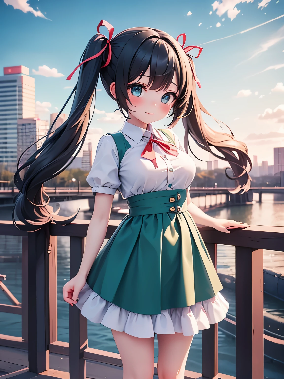 (masterpiece、highest quality、highest quality、Official Art、Beautiful and beautiful:1.2)、(One girl:1.3)Hatsune Miku、Twin tails,Big Breasts,masterpiece, highest quality, Very detailed, water colored pencils, whole body, Gradation, One Girl,前hair,black_hair,green_Sky Porn,bridge,building,city,city,cityscape,cloud,Day,dress,look up_in_Audience,Outdoor,red_Neckwear,red_ribbon,ribbon,river,short_hair,short_sleeve,Sky Porn,Sky Pornscraper,一人in,Are standing,town,Let's take a look,(Tabletop,anime,newest,new,Exceptional:1.2),Big Breasts