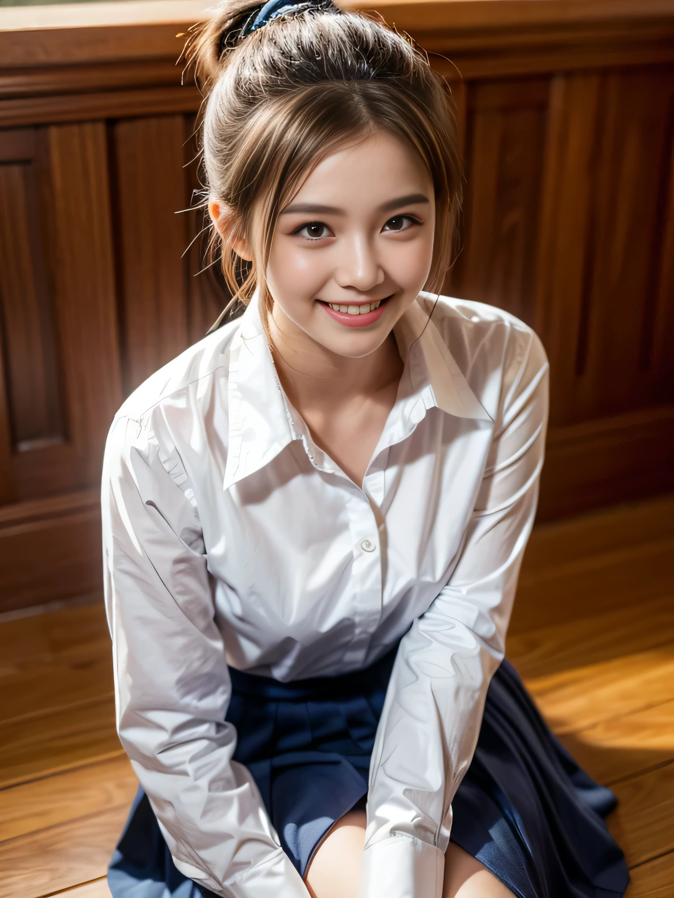 , hair up, ponytail, wearing Thailand high school uniform, white long sleeve shirt and dark blue dress, big round breast, (light smile:1.3), (photorealistic:1.2), (ultra realistic:1.3), (very detailed:1.1), ((masterpiece)), 35mm, f/1.8, first person view, sitting at school staircase.