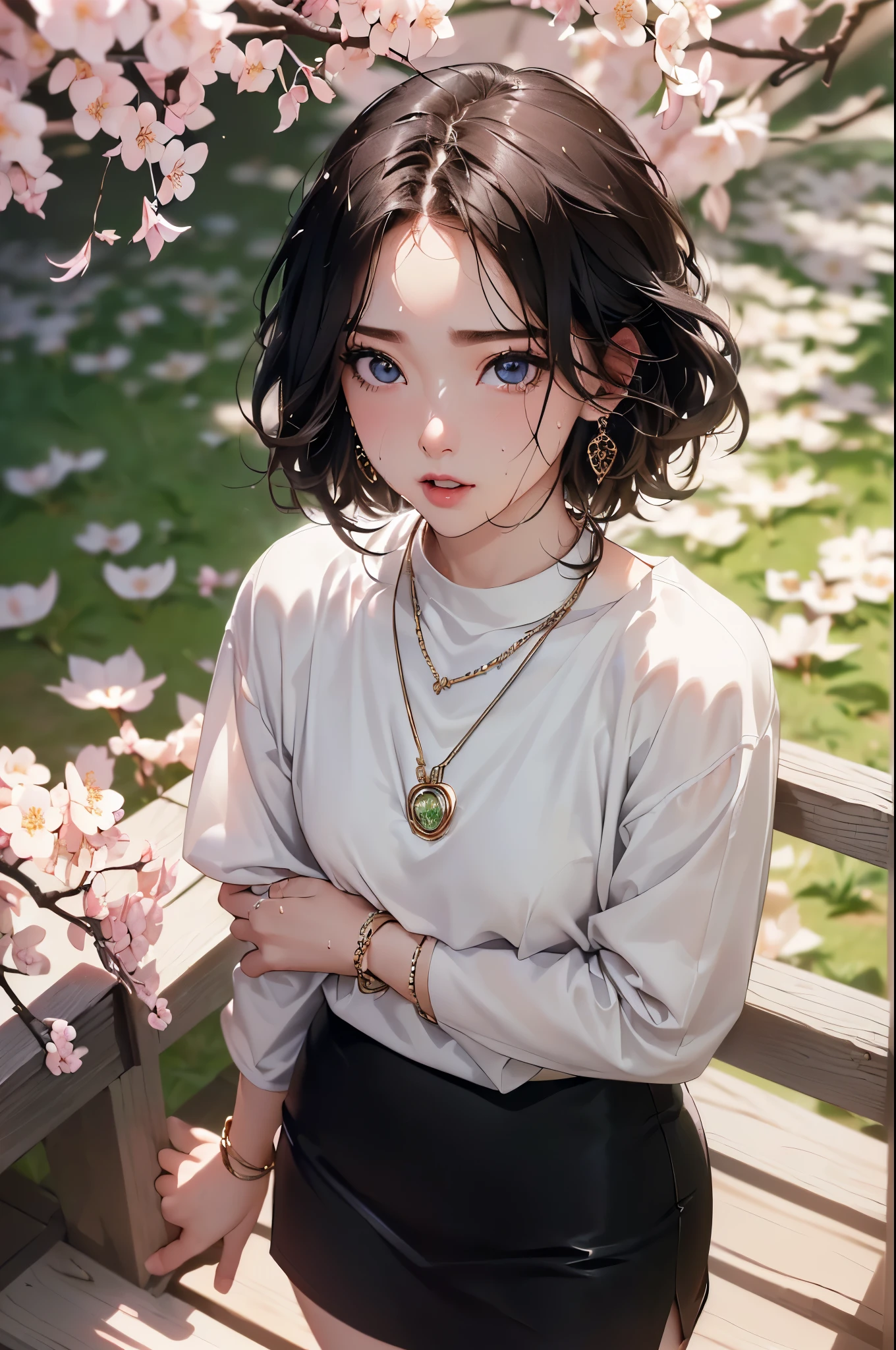 ((Biologically correct limb count))、((Full Body Shot, Full-body photo including face、Head to toe photos))、4K、masterpiece、((Focus on the face))、((Symmetrical facial features))、Eyes of meticulous depiction、Beautiful woman、Excellent style、Beautiful feet、(Black Stockings、High heels with anklets)、Facial detailing、Small earrings、necklace、((Close-up photo of the upper body))、(Latex shirts、Latex skirt)、Morning park scenery during cherry blossom season、(( Sweating profusely))、Low - Angle、(Shy)、