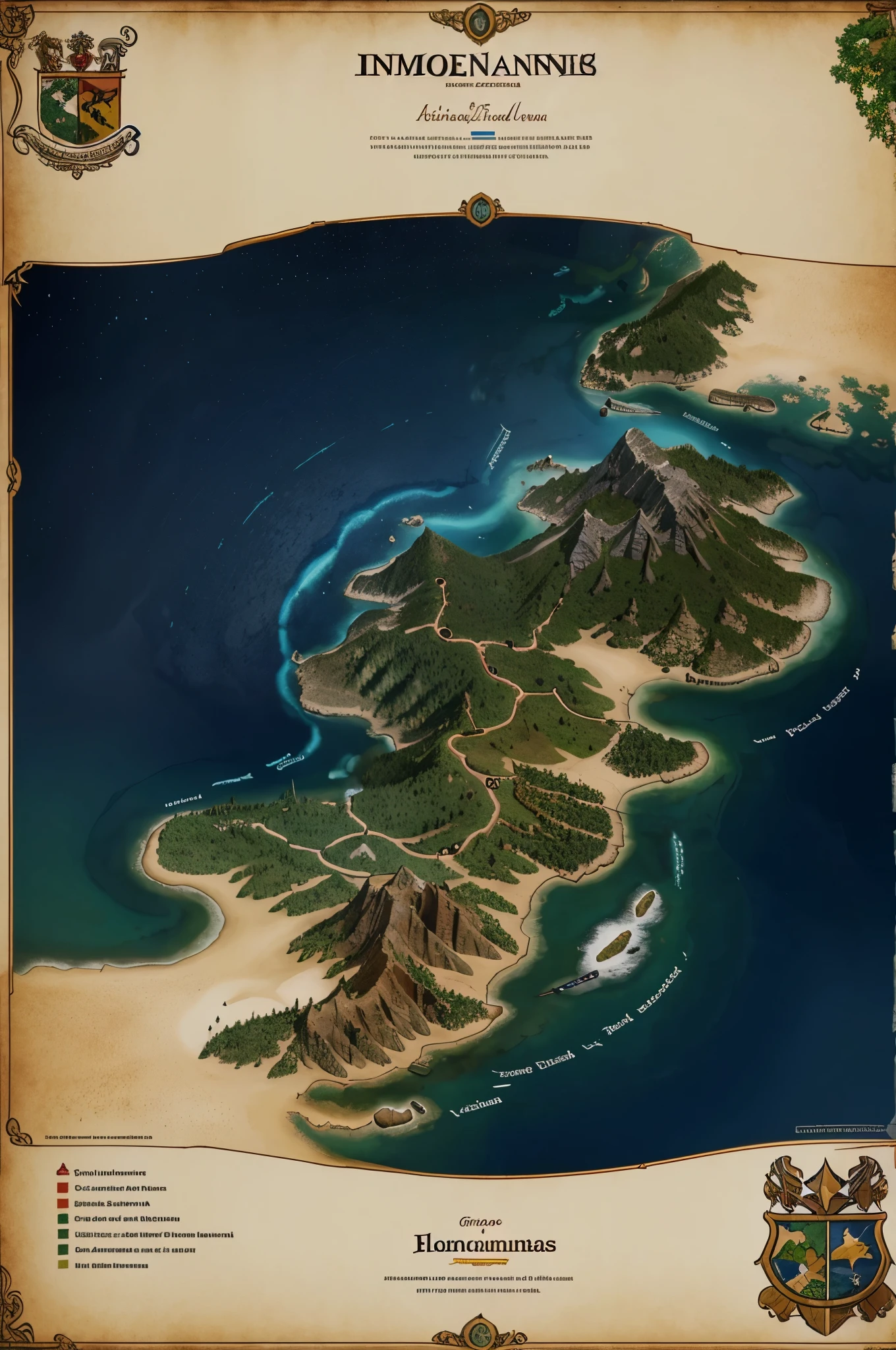 Create a fictional map with 7 countries on an imaginary medieval continent with various biomes and forest