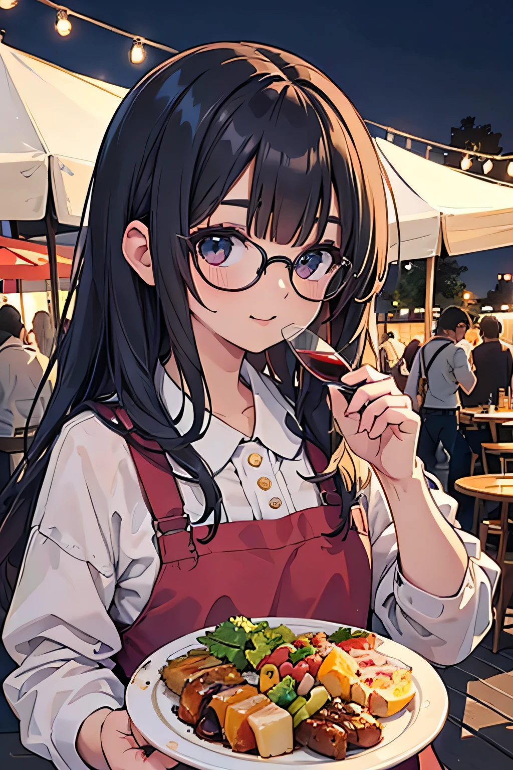 highest quality、High resolution、Detailed Background、(Beautiful face in every detail:1.4)、Anatomically correct、(Detailed facial expressions)、(Detailed eyes:1.2)、(Detailed eyes:1.2)、Beautiful girl in her 20s、(Highly detailed face:1.4)、Brightly colored hair、well-groomed eyebrows、Cute Eye Makeup、Cute Lip Makeup、Cute clothes with little exposure、Cute Glasses、Wine Festival、Feeling happy、Summer evening、A winery with a beautiful garden、Wine Festival、
Enjoy music and performances while sipping wine and delicious food、
Visit the colorful tents and booths々I enjoy a wide variety of wines.、
people々I am enjoying a wine tasting with a glass in my hand and am impressed by the taste of the wine in my mouth.、Around the venue, there are food trucks and restaurant booths where chefs serve delicious dishes.