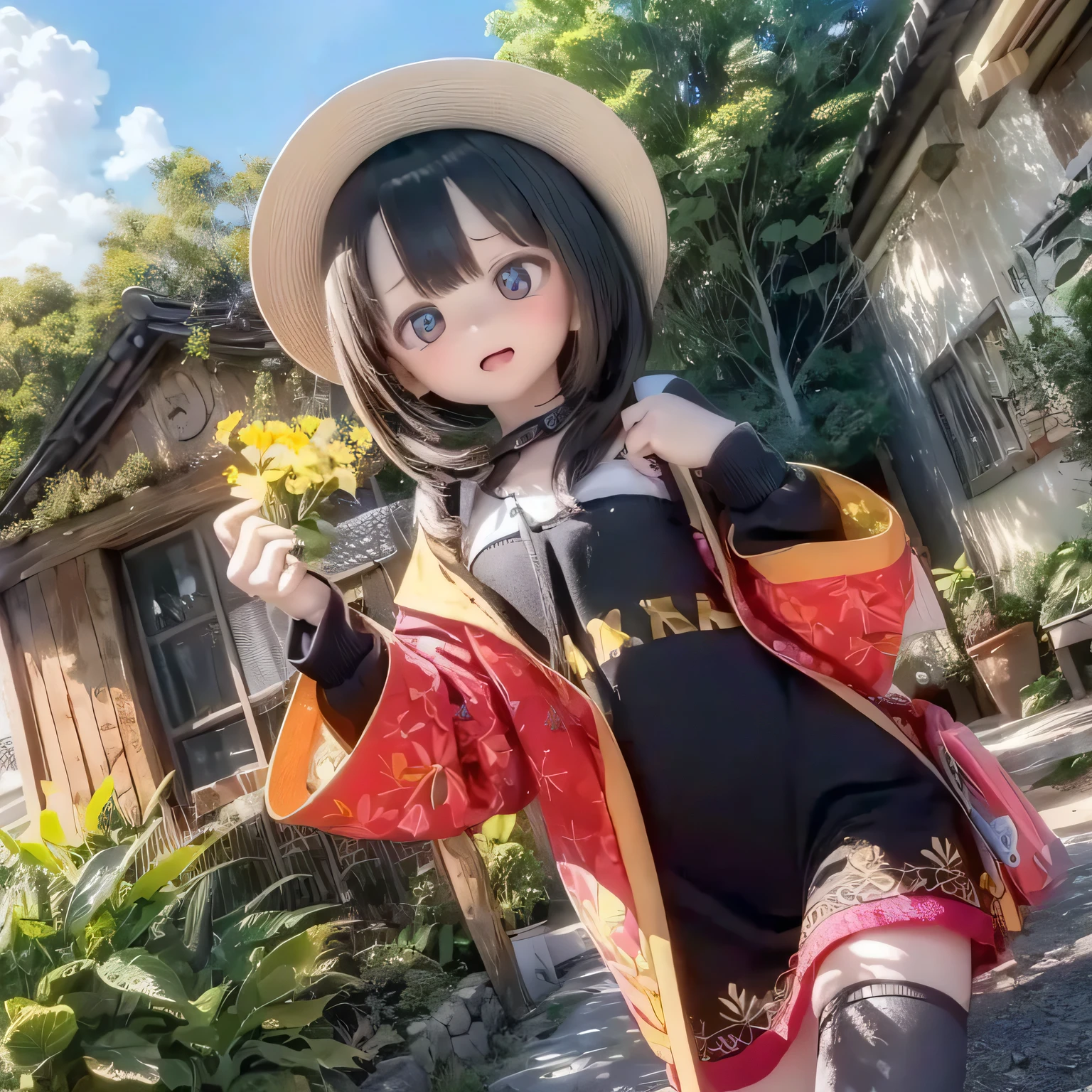 A girl in a chibi contrapposto pose with a big hat, flat chest, and the appearance of Megumin. -> eyesbeautiful detailed eyes,nose,lipsbeautiful detailed lips,The subject's cute smile,Chibi Contrap Posto,Character variation of Megumin,头戴character in a big hat or bonnet,flat chested,Bust details naked camel toe Medium: photorealistic portraits, ->材质photorealistic portrait
Additional Details: She is surrounded by a vibrant flower garden, ->花园a blooming flower garden with various vibrant colors,lush green grass,细节sunshine filtering through the leaves,morning atmosphere,蜜蜂a few bees buzzing around,远处bird singing in the distance
Image Quality: (best quality,4k,8k,highres,masterpiece:1.2),ultra-detailed, ->Image quality high resolution(multiple options)
Art Style: anime, ->Art Style anime-style Color Palette: (vibrant colors), ->vibrant color palette lighting: Soft sunlight casts a warm glow on the scene, ->Light soft and warm sunlight,Soft sunlight