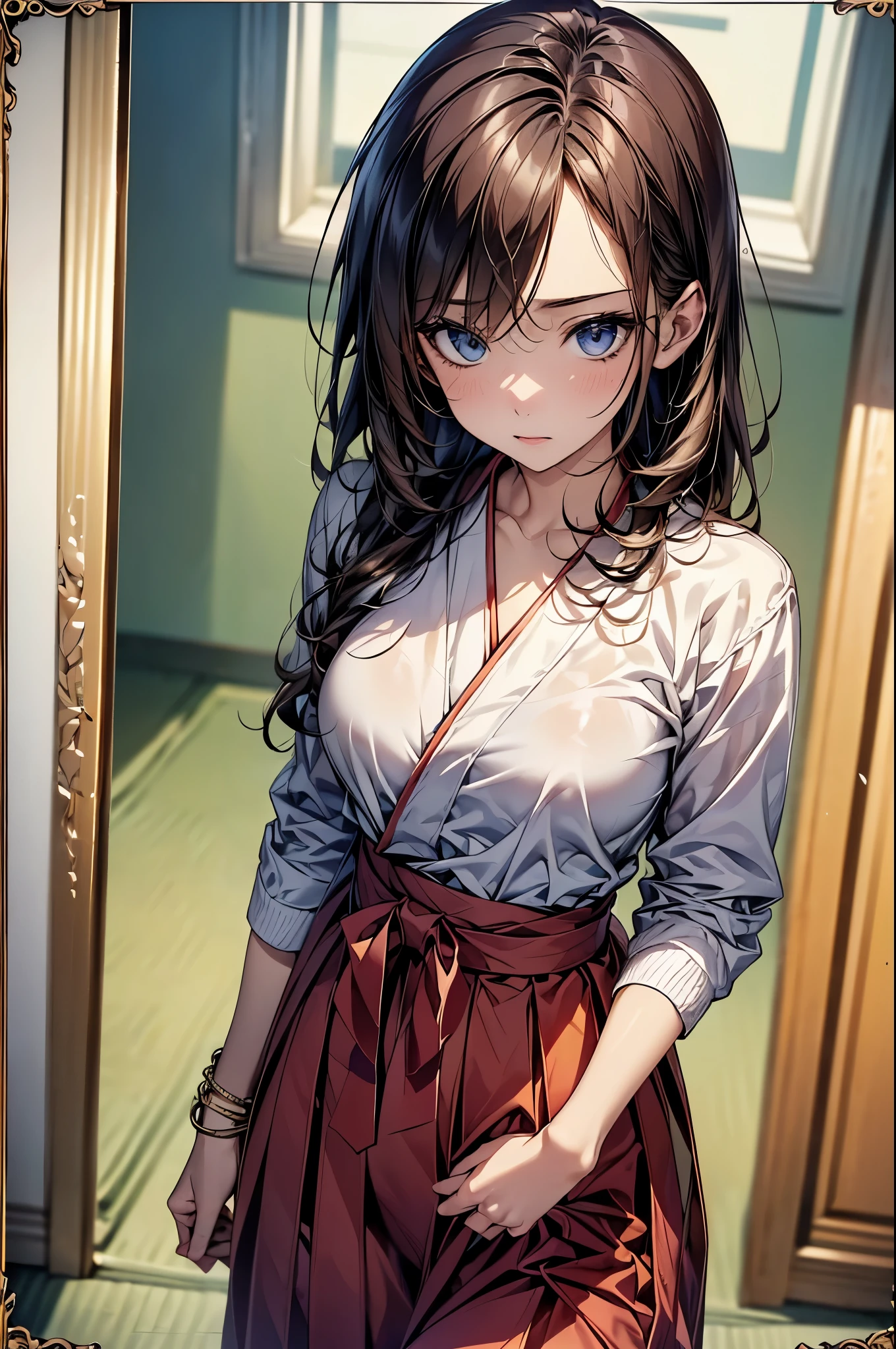 ((Biologically correct limb count))、(( whole body including face))、4K、Masterpiece、((Focus on the face))、((Symmetrical, well-proportioned facial features))、Eyes with delicate depictions、(((1 person)))、Beautiful woman、Outstanding style、Slender Body、(High heels with anklets)、(((Haori、White shirt、Hakama)))、(((White frame photo)))、((Looking up))、(((Iaido stance)))、Low - Angle、(Shy)、Upper body close-up、
