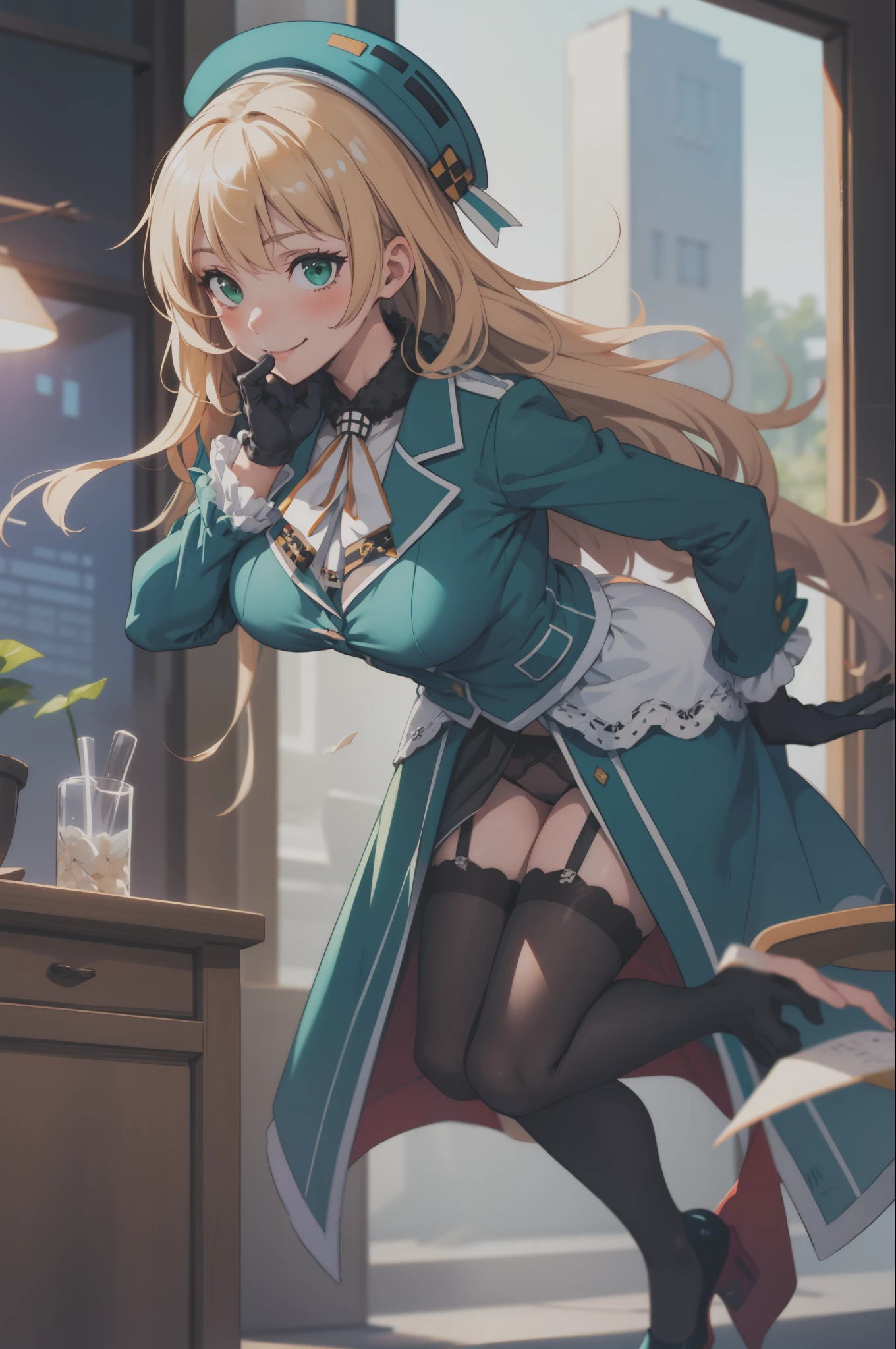 masterpiece, highest quality, High resolution, Kantai Collection, beret, Jacket, blue Jacket, Long sleeve, gloves, black gloves, skirt, Knee socks, Garter Straps, Cowboy Shot, room, smile, Mouth closed, In-person audience, throw, Leaning forward, Put your arms behind your back, 視聴者を見るbreak
AtagoKC, (Atago) green色ユニフォーム, (green)greenユニフォーム, (green) beret,(black) gloves, (black) pantyhose, (green) High heels, (green) skirt, (black) inner skirt,
break, (panties), (bra), (In underwear), (Flashy underwear), (lingerie), 