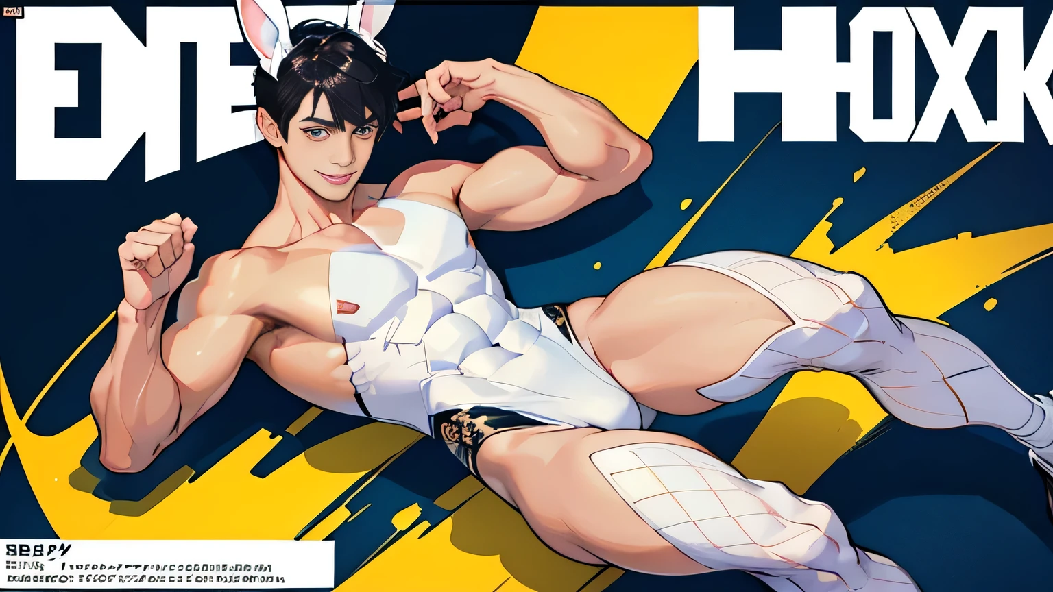 Handsome male 18 years old Japanese Short black hair cut Bunny ears whole body male play poy bunny 白いBunny ears White bunny tail leotard bulge Fishnet tights Bright smile Fashion magazine cover Magazine Cover Slim figure Fashion magazine cover
