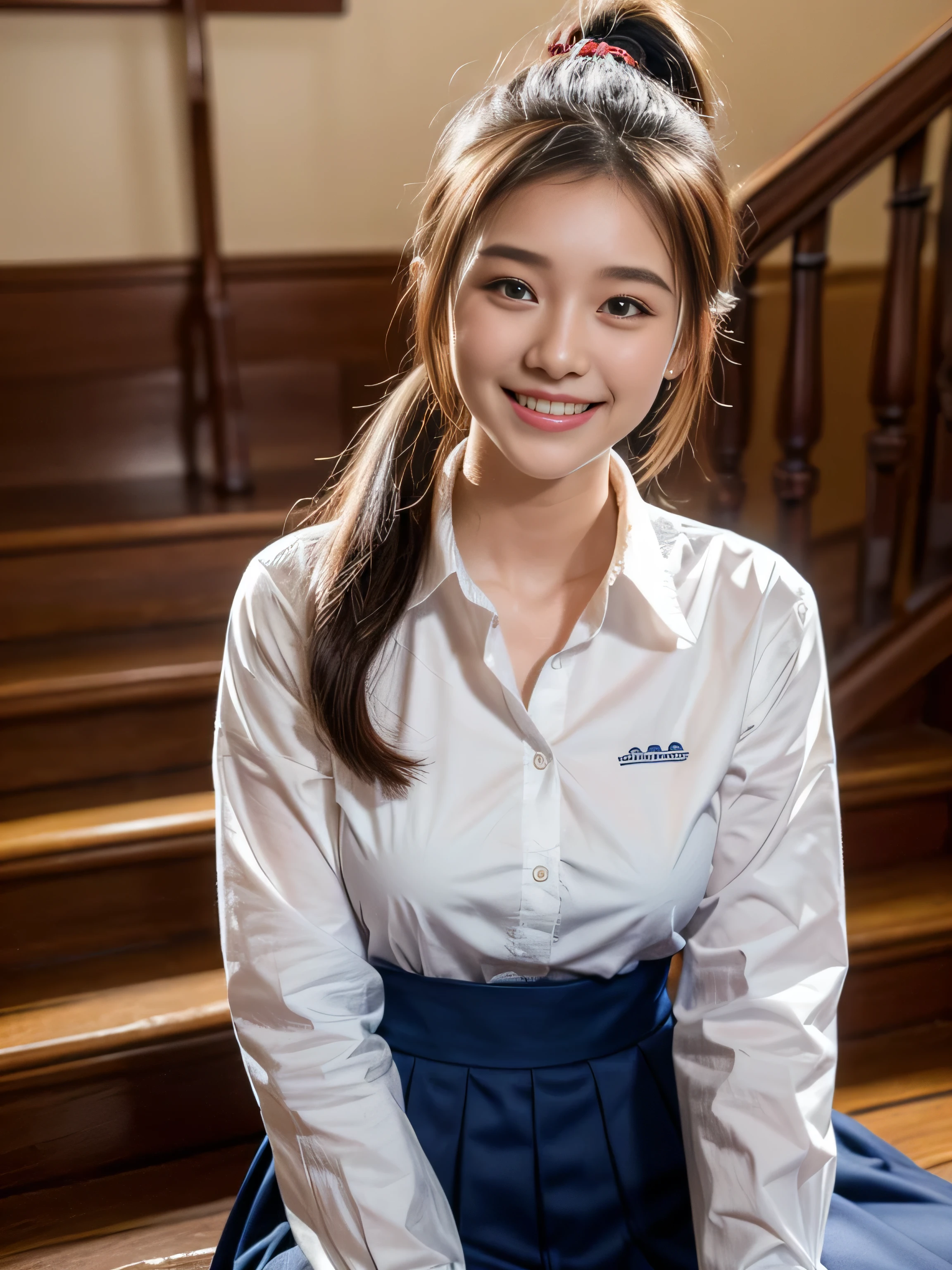 , ponytail, wearing Thailand high school uniform, white long sleeve shirt and dark blue dress, big round breast, (light smile:1.3), (photorealistic:1.2), (ultra realistic:1.3), (very detailed:1.1), ((masterpiece)), 35mm, f/1.8, first person view, sitting at school staircase.