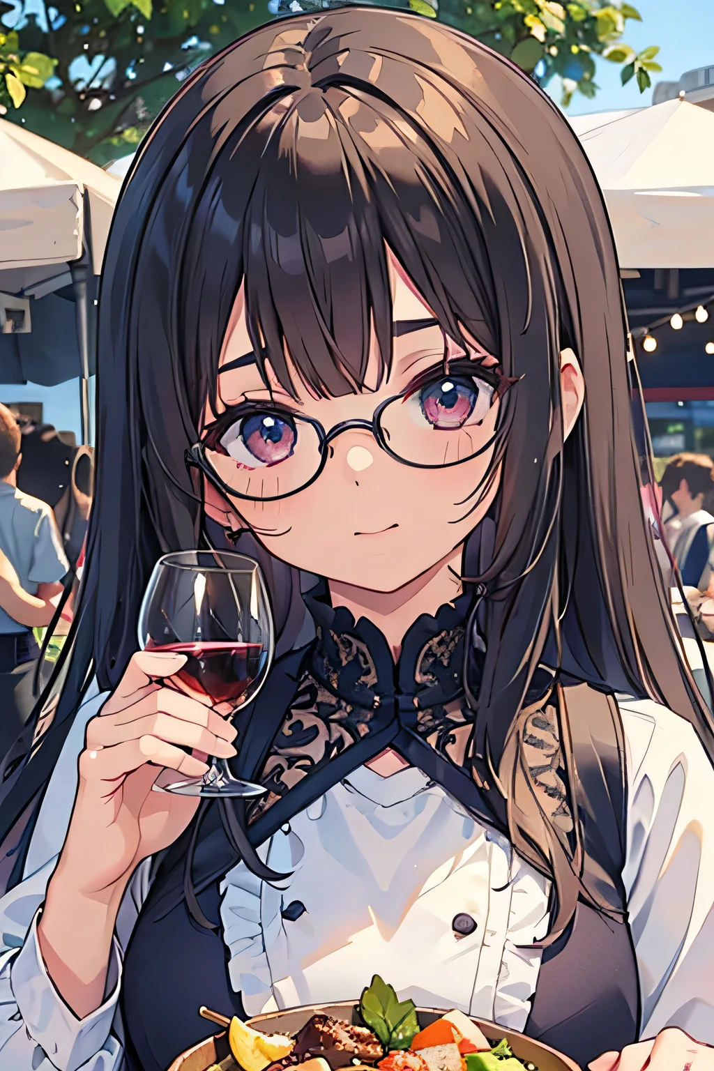 highest quality、High resolution、Detailed Background、(Beautiful face in every detail:1.4)、Anatomically correct、(Detailed facial expressions)、(Detailed eyes:1.2)、(Detailed eyes:1.2)、Beautiful girl in her 20s、(Highly detailed face:1.4)、Brightly colored hair、well-groomed eyebrows、Cute Eye Makeup、Cute Lip Makeup、Cute clothes with little exposure、Cute Glasses、Wine Festival、Feeling happy、Summer evening、A winery with a beautiful garden、Wine Festival、

Enjoy music and performances while sipping wine and delicious food、

Visit the colorful tents and booths々I enjoy a wide variety of wines.、
people々I am enjoying a wine tasting with a glass in my hand and am impressed by the taste of the wine in my mouth.、Around the venue, there are food trucks and restaurant booths where chefs serve delicious dishes.