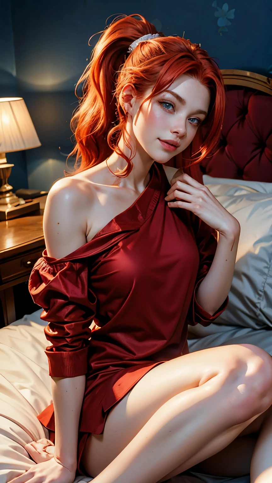 Woman with red hair, blue eyes, very beautiful, wonderful, well detailed, perfect, ponytail, beautiful, 4k, impeccable, great quality, bedroom background, shine, red clothes, pijamas, lying on the bed, big ponytail, cute, beautiful, smile