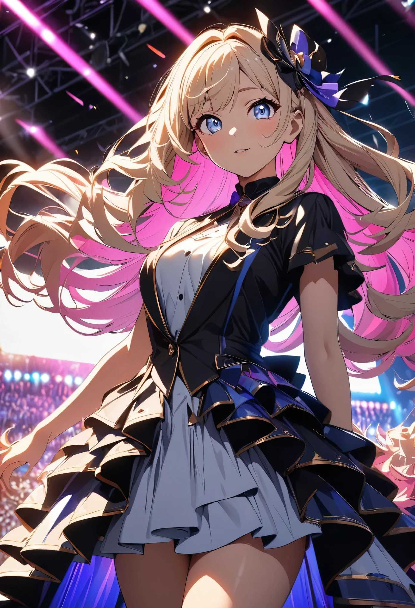 Idol, A glittering stage, Colorful lighting, Idol衣装の女性, Cowboy Shot, Detailed face, Long eyelashes, Beautiful eyes, Fluttering Hair, Long Hair, Feminine curvaceous, masterpiece:1.2, Anime Style:1.37, Anime Paint, High Contrast, highest quality.