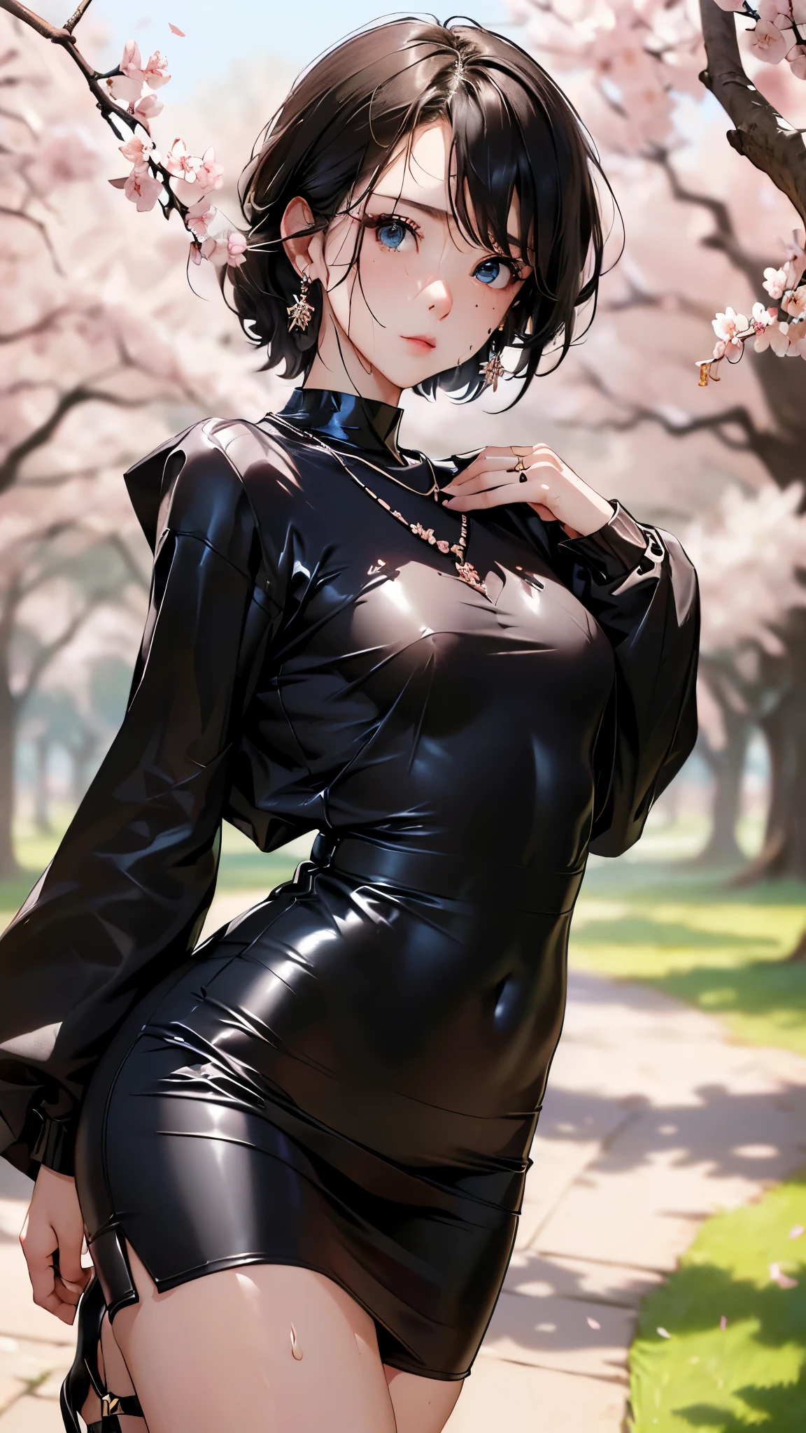 ((Biologically correct limb count))、((Full Body Shot, Full-body photo including face、Head to toe photos))、4K、masterpiece、((Focus on the face))、((Symmetrical facial features))、Eyes of meticulous depiction、Beautiful woman、Excellent style、Beautiful feet、(Black Stockings、High heels with anklets）、Facial detailing、Small earrings、necklace、((Close-up photo of the upper body))、(Latex shirts、Latex skirt）、Morning park scenery during cherry blossom season、(( Sweating profusely))、Low - Angle、(Shy)、