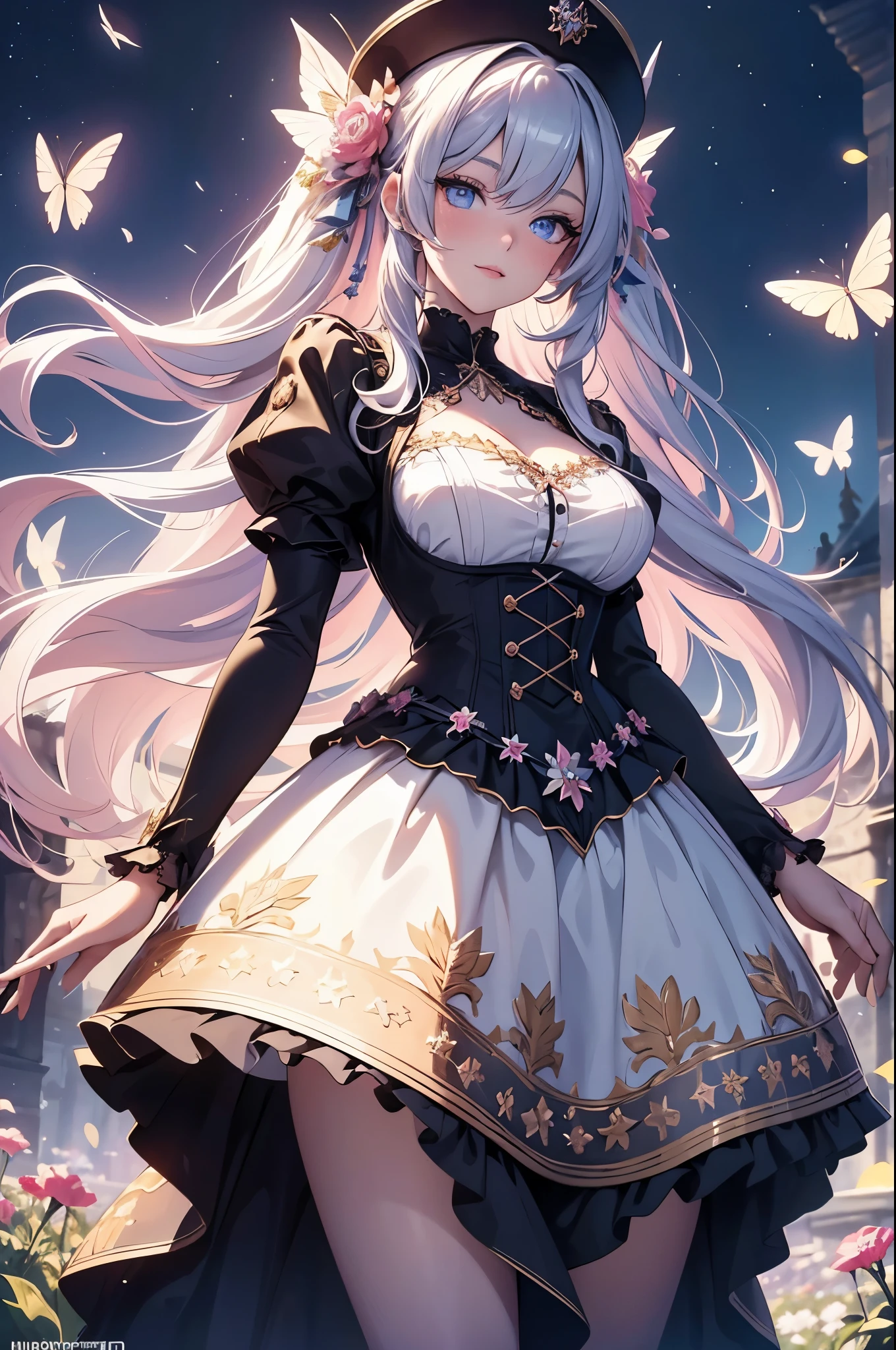 (best quality,4k,8k,highres,masterpiece:1.2),ultra-detailed,(realistic,photorealistic,photo-realistic:1.37),acrylic painting,beautiful German model in a Lolita dress with downy hair,beautiful German model with extremely colorful hair and detailed facial features,beautiful German model standing in a beautiful garden surrounded by a starry sky,beautiful German model wearing a vibrant Lolita dress,beautiful German model with intricate accessories and a matching hat,beautiful German model posing gracefully with her hands on her hips,beautiful German model with long flowing twintails,beautiful German model with bright blue eyes and rosy lips,beautiful German model with a joyful expression,beautiful German model in a dynamic pose with cherry blossoms falling around her,beautiful German model surrounded by colorful flowers and butterflies,beautiful German model's dress adorned with cute bows and lace details,beautiful German model with an enchanting smile,beautiful German model with soft, pastel-colored shading,beautiful German model with a magical glow illuminating her,beautiful German model in a picturesque setting with a winding path leading to a magnificent castle,beautiful German model holding a microphone and singing passionately,beautiful German model with a fairytale-like background,beautiful German model with a soft, dreamy atmosphere,beautiful German model with a subtle bokeh effect,beautiful German model standing under a moonlit sky,beautiful German model with a warm, golden sunset in the background,beautiful German model surrounded by twinkling stars and colorful nebulae,creating an ethereal and captivating artistic masterpiece. 