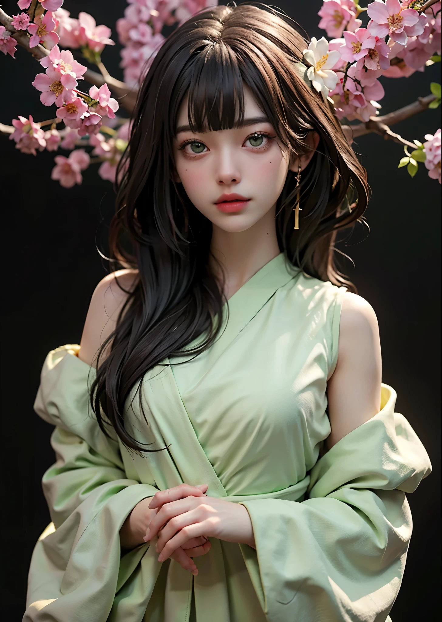 Beautiful world of flowers、Casual clothing、Long hair with bangs、One beautiful woman、Large light green eyes、Smooth Skin、Green eyeliner、Shiny, Ultra-realisticな顔、Silver gold hair、Colorful gel background、Fractal Background、Perfect lighting、Sharp focus、High resolution、High resolution、High color reproducibility、High resolution、Ultra-realistic、Photorealistic 