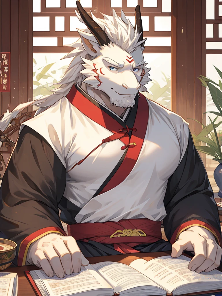 (white eastern dragon),furry,fuii body shot,white mustache,big pecs,hearty males,artbook,muscular,Hanfu,holding_stylus,sitting_on_desk,adult,traditional_chinese_room