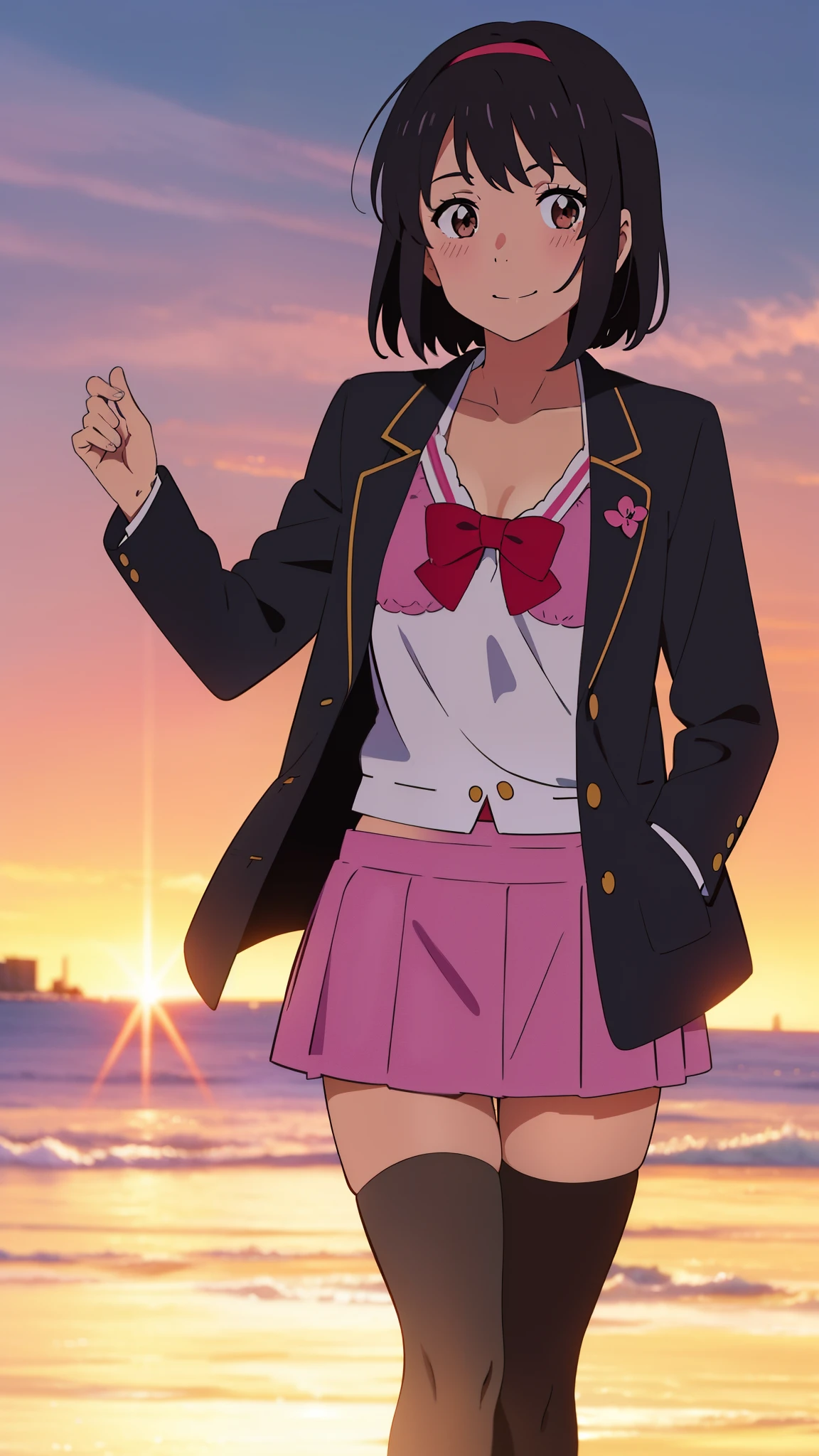 shinkai makoto, kimi no na wa., 1girl, bangs, black hair, blush, brown eyes, idol, idol clothes, collarbone, red headband, red ribbon, bow hair ornaments, open jackets, black bikini, pink skirt, short skirt, black thighhighs, short hair, smile, cute, solo, outdoors, sunset background, sunlight, evening. upper body