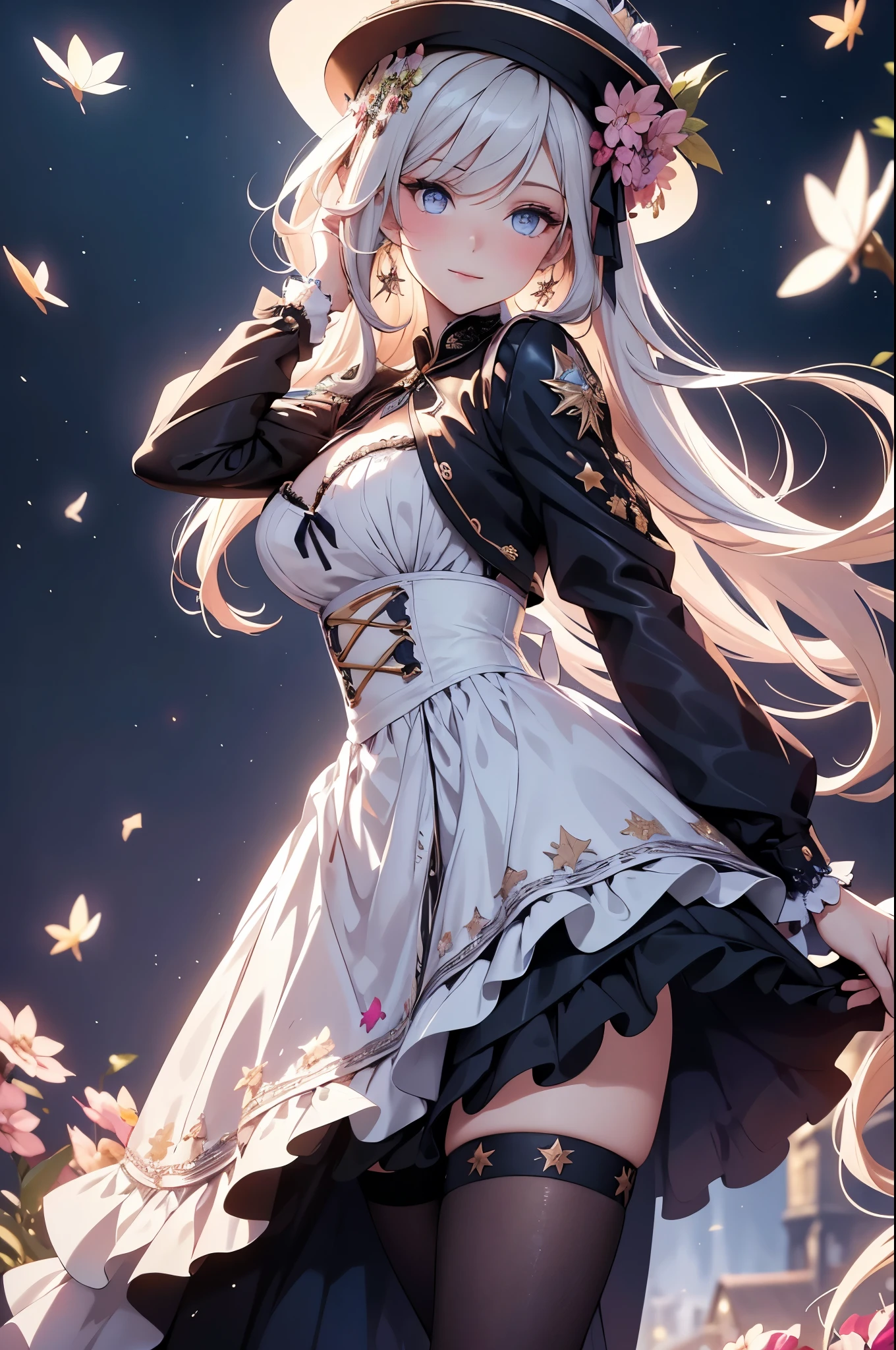 (best quality,4k,8k,highres,masterpiece:1.2),ultra-detailed,(realistic,photorealistic,photo-realistic:1.37),acrylic painting,beautiful German model in a Lolita dress with downy hair,beautiful German model with extremely colorful hair and detailed facial features,beautiful German model standing in a beautiful garden surrounded by a starry sky,beautiful German model wearing a vibrant Lolita dress,beautiful German model with intricate accessories and a matching hat,beautiful German model posing gracefully with her hands on her hips,beautiful German model with long flowing twintails,beautiful German model with bright blue eyes and rosy lips,beautiful German model with a joyful expression,beautiful German model in a dynamic pose with cherry blossoms falling around her,beautiful German model surrounded by colorful flowers and butterflies,beautiful German model's dress adorned with cute bows and lace details,beautiful German model with an enchanting smile,beautiful German model with soft, pastel-colored shading,beautiful German model with a magical glow illuminating her,beautiful German model in a picturesque setting with a winding path leading to a magnificent castle,beautiful German model holding a microphone and singing passionately,beautiful German model with a fairytale-like background,beautiful German model with a soft, dreamy atmosphere,beautiful German model with a subtle bokeh effect,beautiful German model standing under a moonlit sky,beautiful German model with a warm, golden sunset in the background,beautiful German model surrounded by twinkling stars and colorful nebulae,creating an ethereal and captivating artistic masterpiece. 