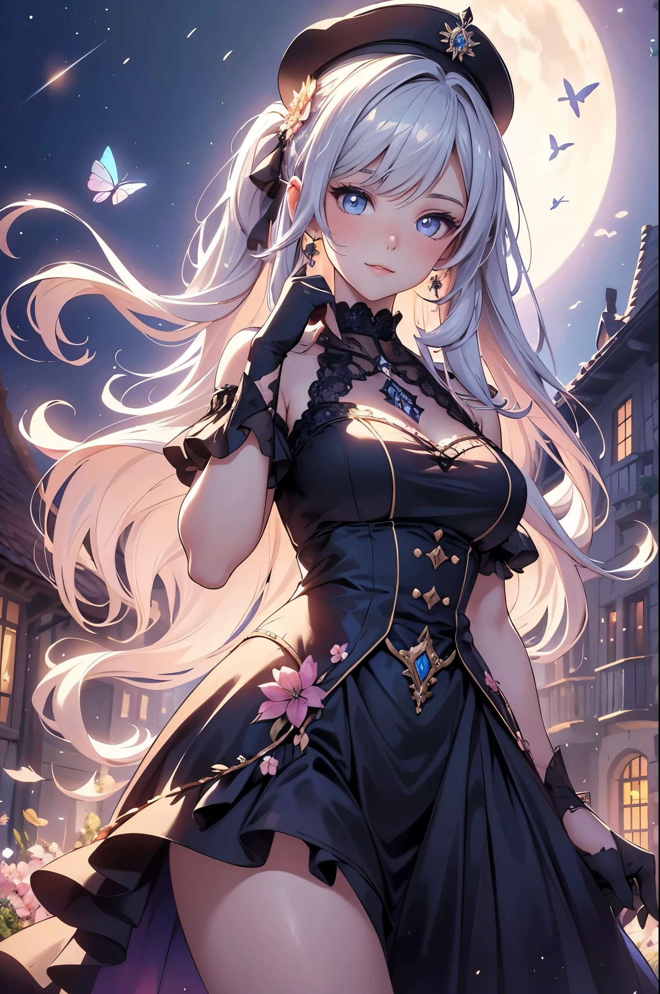 (best quality,4k,8k,highres,masterpiece:1.2),ultra-detailed,(realistic,photorealistic,photo-realistic:1.37),acrylic painting,beautiful German model in a ta dress with downy hair,beautiful German model with extremely colorful hair and detailed facial features,beautiful German model standing in a beautiful garden surrounded by a starry sky,beautiful German model wearing a vibrant Loliress,beautiful German model with intricate accessories and a matching hat,beautiful German model posing gracefully with her hands on her hips,beautiful German model with long flowing twintails,beautiful German model with bright blue eyes and rosy lips,beautiful German model with a joyful expression,beautiful German model in a dynamic pose with cherry blossoms falling around her,beautiful German model surrounded by colorful flowers and butterflies,beautiful German model's dress adorned with cute bows and lace details,beautiful German model with an enchanting smile,beautiful German model with soft, pastel-colored shading,beautiful German model with a magical glow illuminating her,beautiful German model in a picturesque setting with a winding path leading to a magnificent castle,beautiful German model holding a microphone and singing passionately,beautiful German model with a fairytale-like background,beautiful German model with a soft, dreamy atmosphere,beautiful German model with a subtle bokeh effect,beautiful German model standing under a moonlit sky,beautiful German model with a warm, golden sunset in the background,beautiful German model surrounded by twinkling stars and colorful nebulae,creating an ethereal and captivating artistic masterpiece.