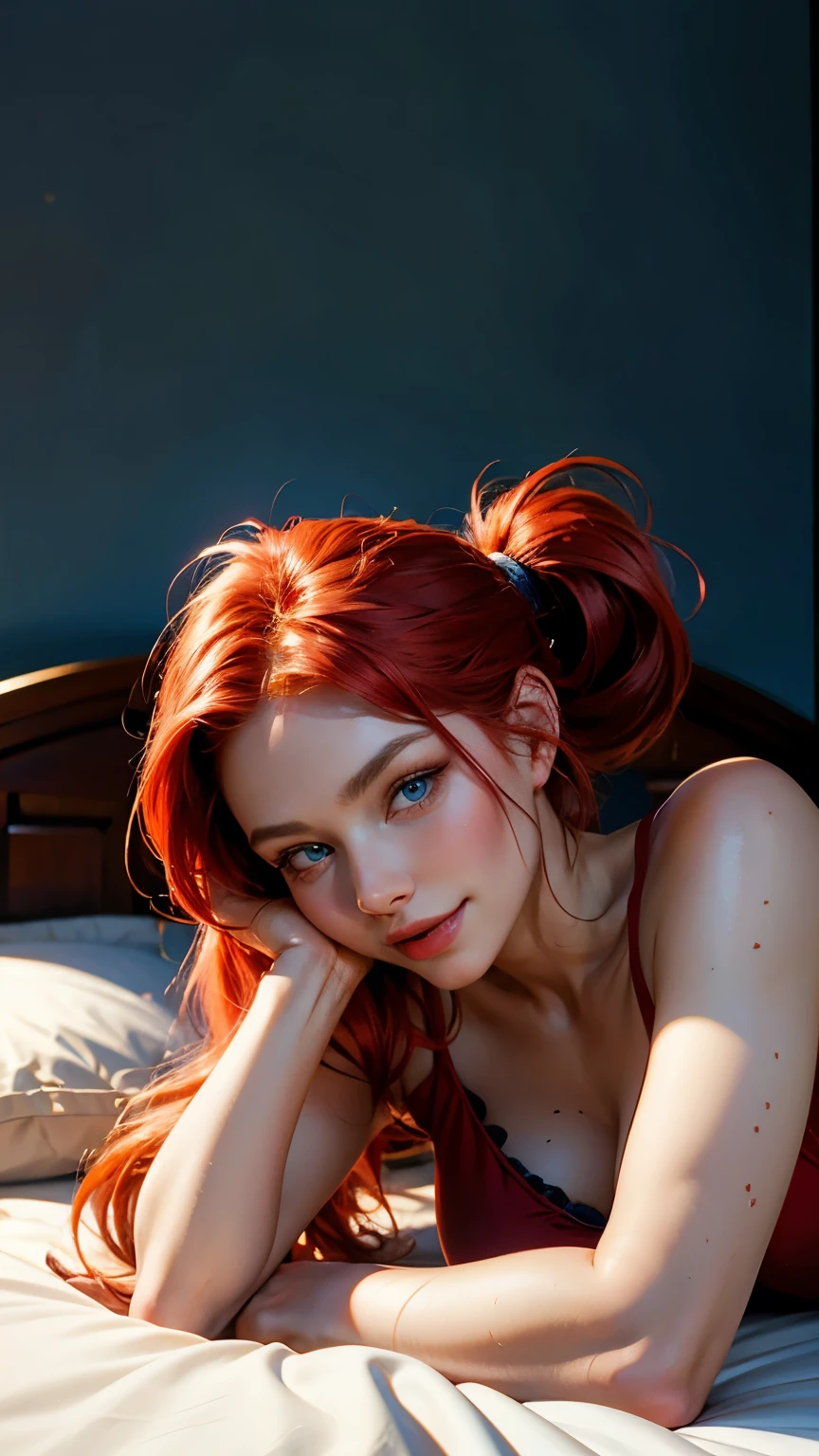 Woman with red hair, blue eyes, very beautiful, wonderful, well detailed, perfect, ponytail, beautiful, 4k, impeccable, great quality, bedroom background, shine, red clothes, pijamas, lying on the bed, big ponytail, cute, beautiful, smile