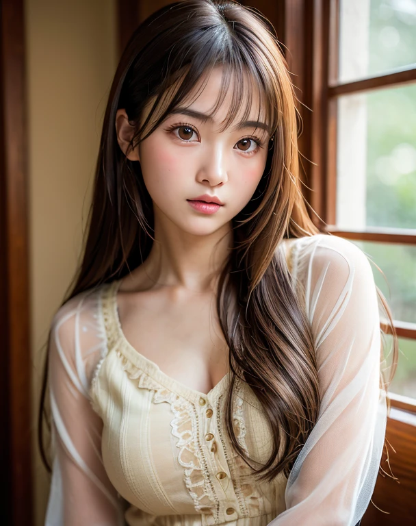 highest quality, Face Focus, Soft Light, Ultra-high resolution, (Realistic:1.4), RAW Photos,
1 Japanese girl, alone, cute, (pupil, light in your eyes),  Beautiful face in every detail, (),(High resolution detail of human skin texture),
(Long Hair),
indoor,
Damask Shirt Dress,
(Portraiture)