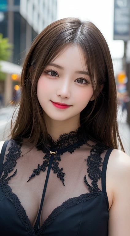 Tabletop, highest quality, figure, Very detailed, In detail, High resolution, 8k wallpaper, Perfect dynamic composition, Beautiful fine details, Lace or sheer clothing,Medium Hair, Center of chest, Natural color lip, Random sexy poses,smile,Aoyama Street Walk、20-year-old girl