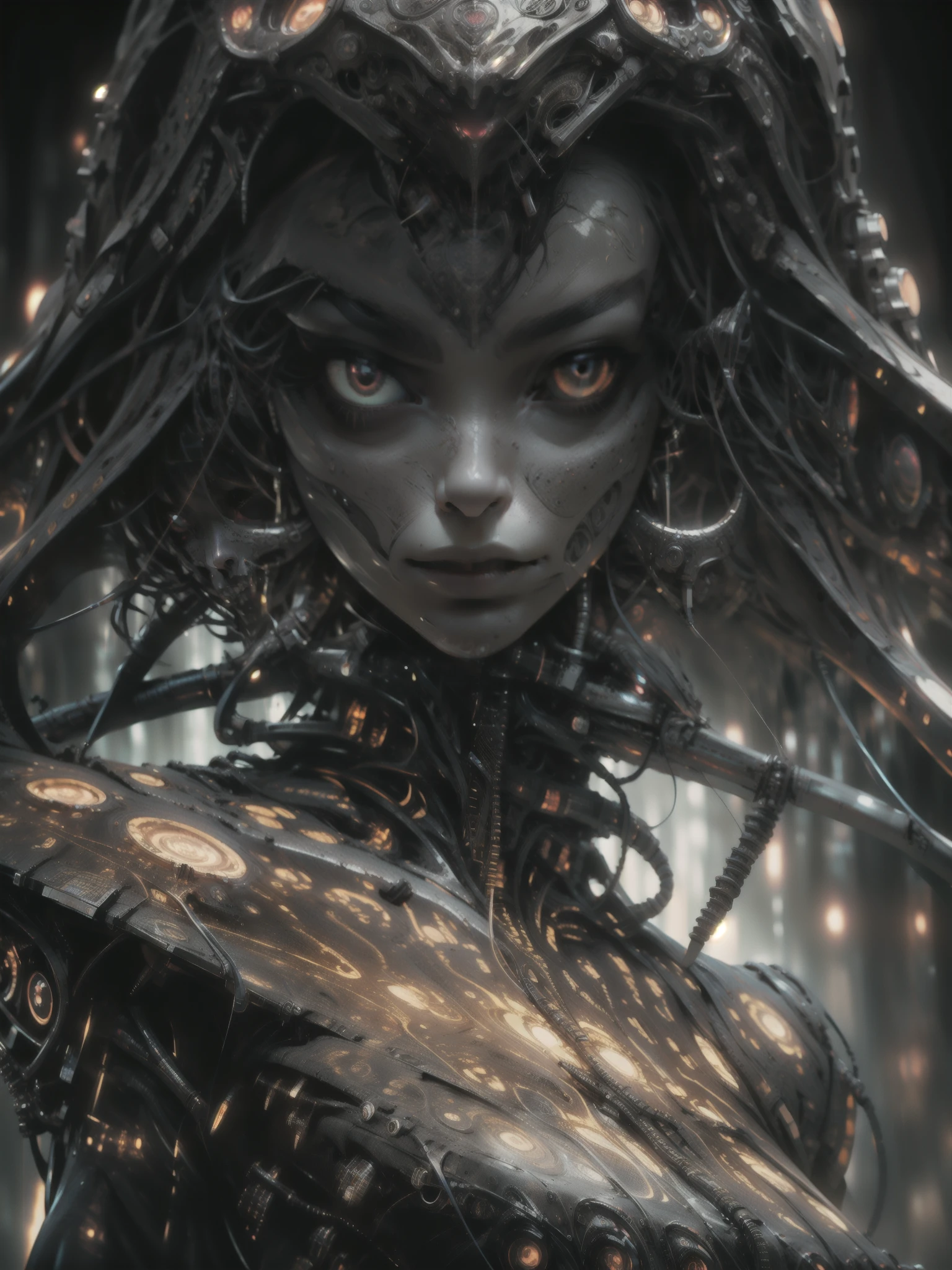 Topic prompt: "black, death scythe, hellish horror, view, torn clothes, looking down, illustrations, high resolution, ultra detail, dark fantasy, sharp focus, vibrant colors, dramatic lighting, bokeh." ". female robot pilot, mechanical creature, electronic wires transmit computer nerves, girl's face, dystopian surrealism, Alex Rice Zdzisaw Beksinski Giger, very intricate details, Chinese woman demon, deep glowing eyes contain galaxies, head contains nebula, deep aesthetics, concept art, carved silver circuits, diodes, resistors, semiconductors, ornate.