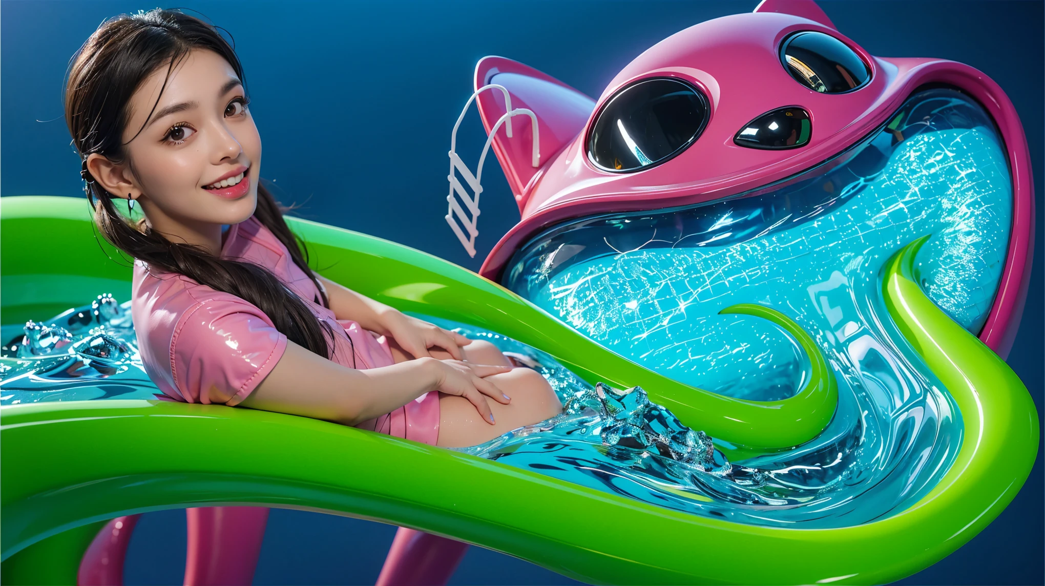 Purple creature with black eyes and a smile and a pool in its mouth deep children's water pool filled with beautiful water with waves. The image depicts a close-up of a large, metallic spider-like robot with six legs and a body that resembles a combine harvester. It stands on a blue floor Create ultra sharp  and is facing a red wall.cartoon key frame rendering, cute 3D rendering, Shiny metallic,Create ultra sharp  цветной рендеринг zbrush. perfect cgi, cgi art created only with gradients, smooth silhouette, Create ultra sharp skin, high intensity refraction, (plastic material), most beautiful vfx, blue background, plastic refractions, glossy texture, smooth 3d model, multiple light sources, rim light, sharp post effects render, (glossy plastic texture with multiple big light probe refractions), perfect cgi, cgi art created only with gradients, smooth silhouette, high intensity refraction, (plastic material), most beautiful vfx, blue background, plastic refractions Create ultra sharp