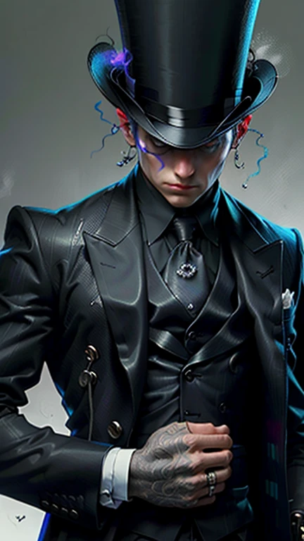 Illusionist wearing a mystical top hat with a dark, super realistic theme