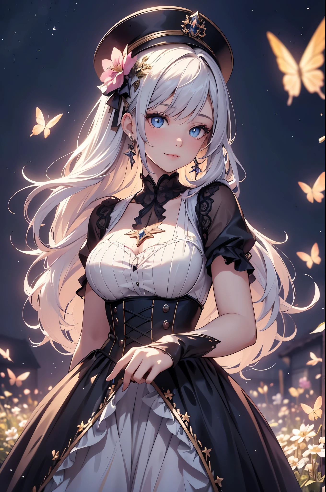 (best quality,4k,8k,highres,masterpiece:1.2),ultra-detailed,(realistic,photorealistic,photo-realistic:1.37),acrylic painting,beautiful German model in a Lolita dress with downy hair,beautiful German model with extremely colorful hair and detailed facial features,beautiful German model standing in a beautiful garden surrounded by a starry sky,beautiful German model wearing a vibrant Lolita dress,beautiful German model with intricate accessories and a matching hat,beautiful German model posing gracefully with her hands on her hips,beautiful German model with long flowing twintails,beautiful German model with bright blue eyes and rosy lips,beautiful German model with a joyful expression,beautiful German model in a dynamic pose with cherry blossoms falling around her,beautiful German model surrounded by colorful flowers and butterflies,beautiful German model's dress adorned with cute bows and lace details,beautiful German model with an enchanting smile,beautiful German model with soft, pastel-colored shading,beautiful German model with a magical glow illuminating her,beautiful German model in a picturesque setting with a winding path leading to a magnificent castle,beautiful German model holding a microphone and singing passionately,beautiful German model with a fairytale-like background,beautiful German model with a soft, dreamy atmosphere,beautiful German model with a subtle bokeh effect,beautiful German model standing under a moonlit sky,beautiful German model with a warm, golden sunset in the background,beautiful German model surrounded by twinkling stars and colorful nebulae,creating an ethereal and captivating artistic masterpiece.