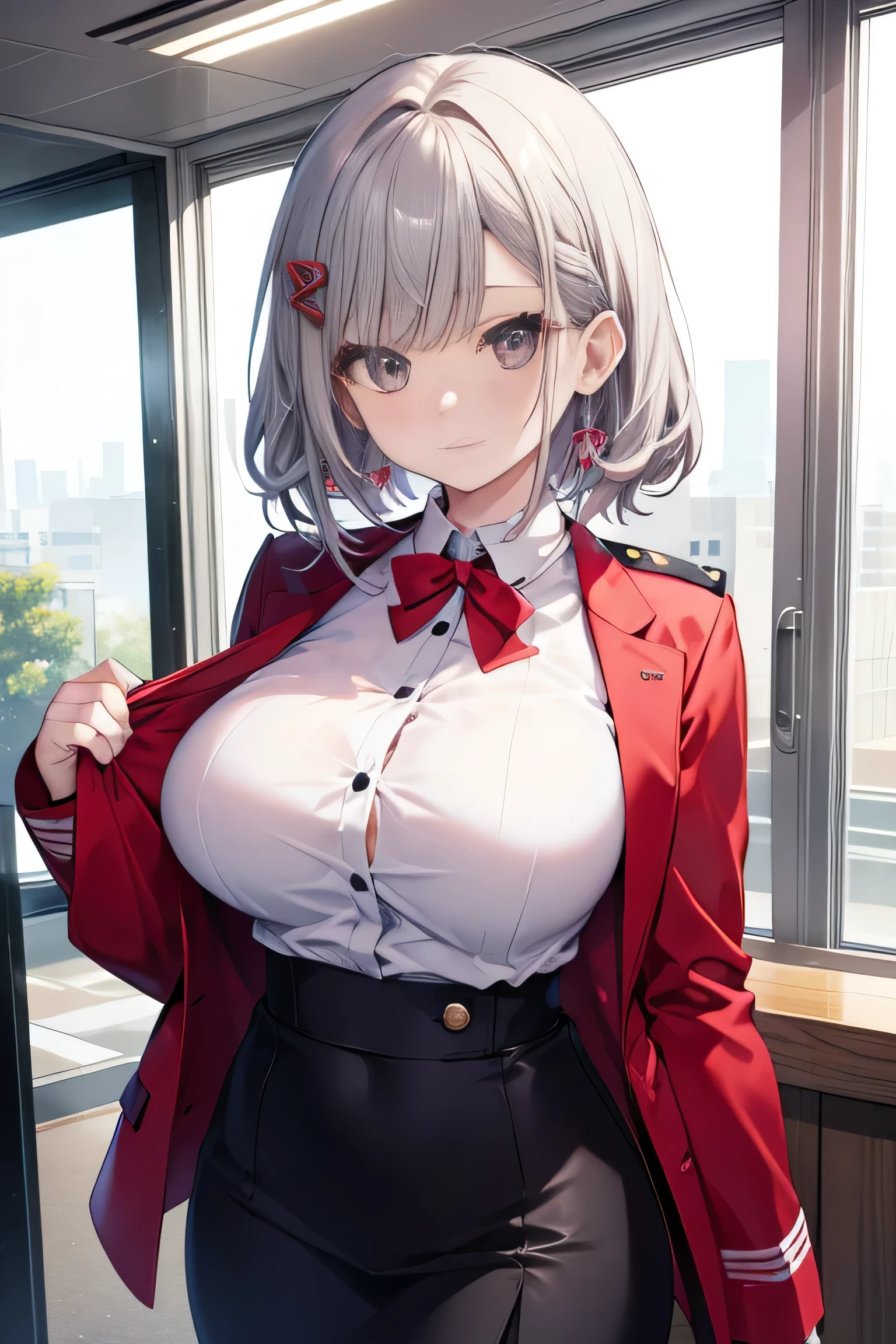 chisato nishikigi,Hair that is close to gray,Wearing a red uniform,Revealing clothing,Big breasts,Her style is as good as a model&#39;s,In a white space,The whole body is visible