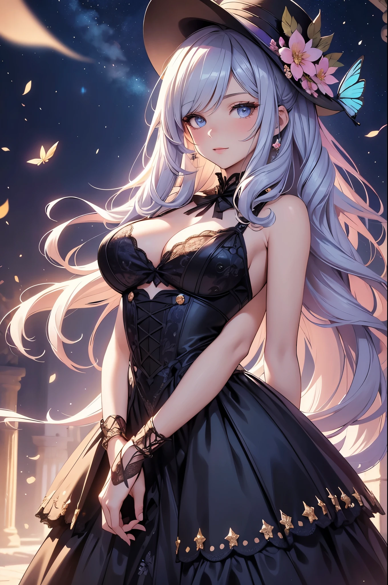 (best quality,4k,8k,highres,masterpiece:1.2),ultra-detailed,(realistic,photorealistic,photo-realistic:1.37),acrylic painting,beautiful German model in a Lolita dress with downy hair,beautiful German model with extremely colorful hair and detailed facial features,beautiful German model standing in a beautiful garden surrounded by a starry sky,beautiful German model wearing a vibrant Lolita dress,beautiful German model with intricate accessories and a matching hat,beautiful German model posing gracefully with her hands on her hips,beautiful German model with long flowing twintails,beautiful German model with bright blue eyes and rosy lips,beautiful German model with a joyful expression,beautiful German model in a dynamic pose with cherry blossoms falling around her,beautiful German model surrounded by colorful flowers and butterflies,beautiful German model's dress adorned with cute bows and lace details,beautiful German model with an enchanting smile,beautiful German model with soft, pastel-colored shading,beautiful German model with a magical glow illuminating her,beautiful German model in a picturesque setting with a winding path leading to a magnificent castle,beautiful German model holding a microphone and singing passionately,beautiful German model with a fairytale-like background,beautiful German model with a soft, dreamy atmosphere,beautiful German model with a subtle bokeh effect,beautiful German model standing under a moonlit sky,beautiful German model with a warm, golden sunset in the background,beautiful German model surrounded by twinkling stars and colorful nebulae,creating an ethereal and captivating artistic masterpiece. 