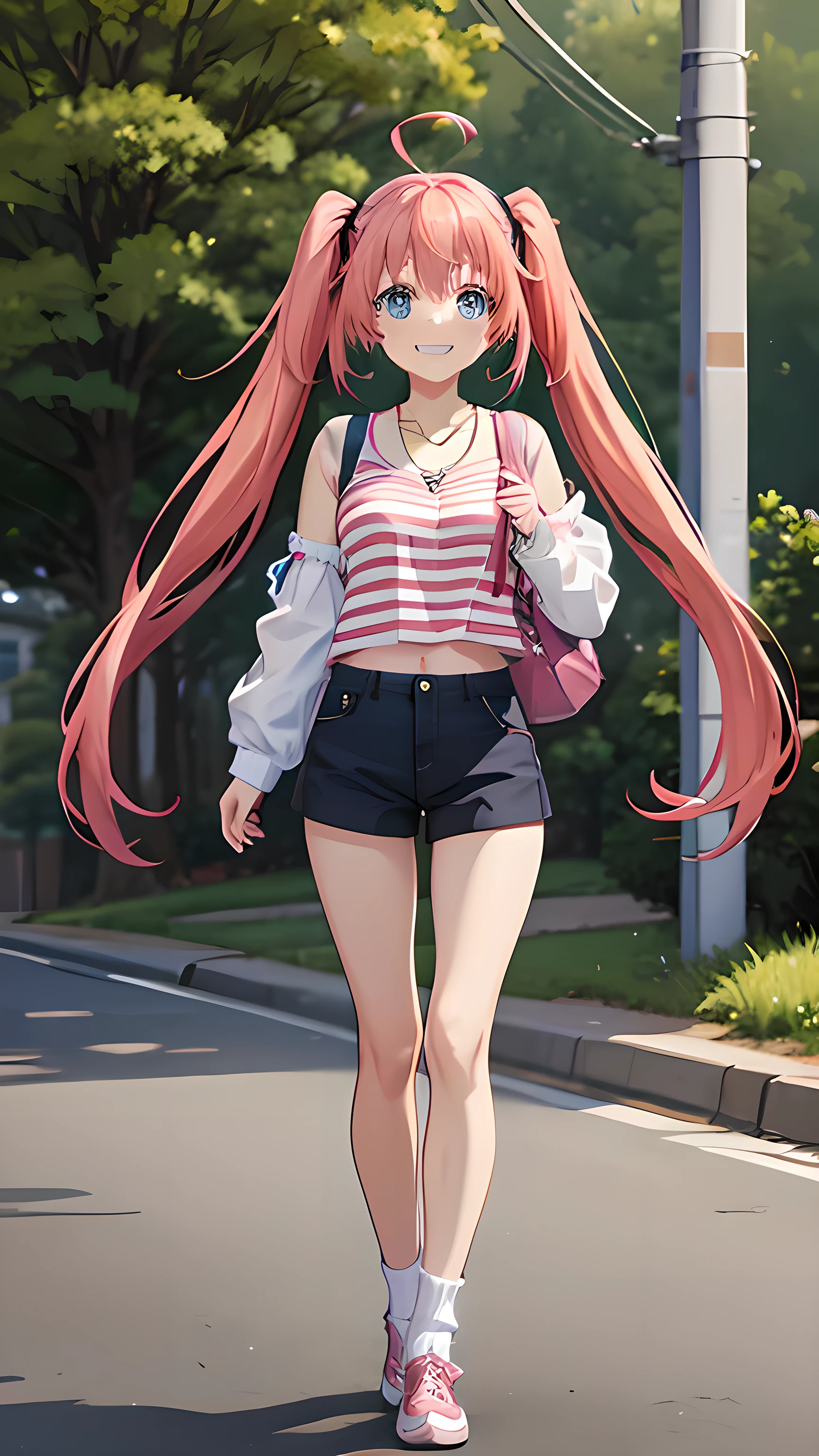 masterpiece, highest quality, High resolution，Anime Style、Characters from Tensura、Milim　　　　　　　　　　　　　Platinum pink hair（Twin tails:1:20）（Ahoge:1:10）、blue eyes、About 、、Smile with your mouth closed、The double tooth shines、Red on the neck、white、A necklace with a blue magatama、Border socks、Smiling innocently、Striped tank top and shorts、Stand upright