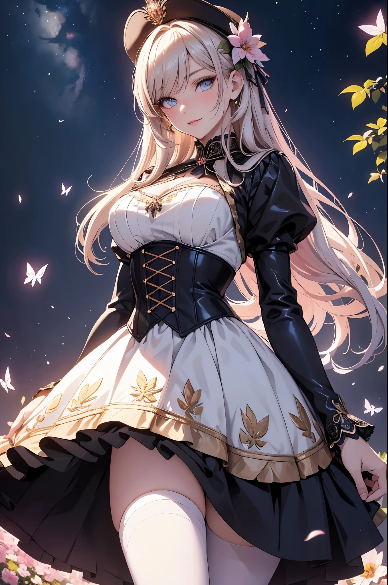 (best quality,4k,8k,highres,masterpiece:1.2),ultra-detailed,(realistic,photorealistic,photo-realistic:1.37),acrylic painting,beautiful German model in a ta dress with downy hair,beautiful German model with extremely colorful hair and detailed facial features,beautiful German model standing in a beautiful garden surrounded by a starry sky,beautiful German model wearing a vibrant Loliress,beautiful German model with intricate accessories and a matching hat,beautiful German model posing gracefully with her hands on her hips,beautiful German model with long flowing twintails,beautiful German model with bright blue eyes and rosy lips,beautiful German model with a joyful expression,beautiful German model in a dynamic pose with cherry blossoms falling around her,beautiful German model surrounded by colorful flowers and butterflies,beautiful German model's dress adorned with cute bows and lace details,beautiful German model with an enchanting smile,beautiful German model with soft, pastel-colored shading,beautiful German model with a magical glow illuminating her,beautiful German model in a picturesque setting with a winding path leading to a magnificent castle,beautiful German model holding a microphone and singing passionately,beautiful German model with a fairytale-like background,beautiful German model with a soft, dreamy atmosphere,beautiful German model with a subtle bokeh effect,beautiful German model standing under a moonlit sky,beautiful German model with a warm, golden sunset in the background,beautiful German model surrounded by twinkling stars and colorful nebulae,creating an ethereal and captivating artistic masterpiece.