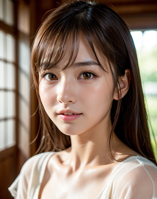 highest quality, Face Focus, Soft Light, Ultra-high resolution, (Realistic:1.4), RAW Photos,
1 Japanese girl, alone, cute, (pupil, light in your eyes),  Beautiful face in every detail, (),(High resolution detail of human skin texture),
(Long Hair),White Teeth Indoors,
White camisole,
(Portraiture)