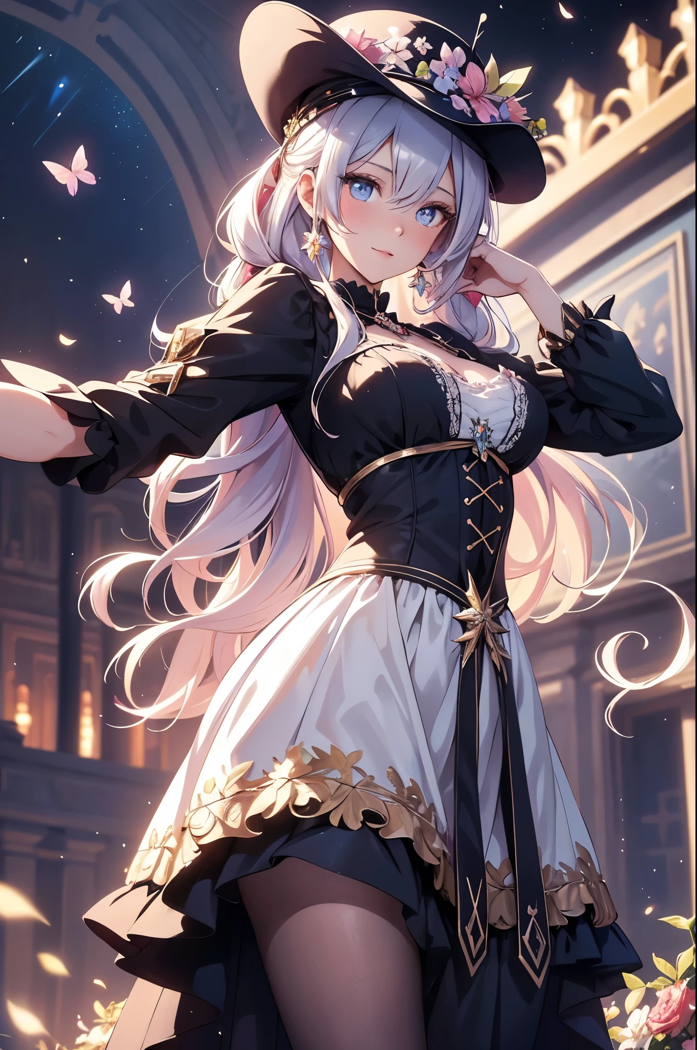 (masterpiece, top quality, best quality, official art, beautiful and aesthetic:1.2), ((dark elf)), ((1girl)), extreme detailed, (fractal art:1.3), colorful, highest detailed, Cowboy shot, from behind,  in the style art by Artgerm, by wadim kashin, by Kawacy, by Yoshitaka Amano, BREAK, insanely detailed face, details eye, Blunt bangs, white hair, (hair between eye), eyelashes, violet eyes, eyeshadow, pink eyeshadow, (dark skin:1.2), glaring, smile, BREAK, corsages, jirai kei, (jirai kei fashion:1.1), Frills, Skirts, Various accessories, (ear piercing), punky style, Japanese subculture, fashion, Stockings, colorful, (Dark circles:1.2),