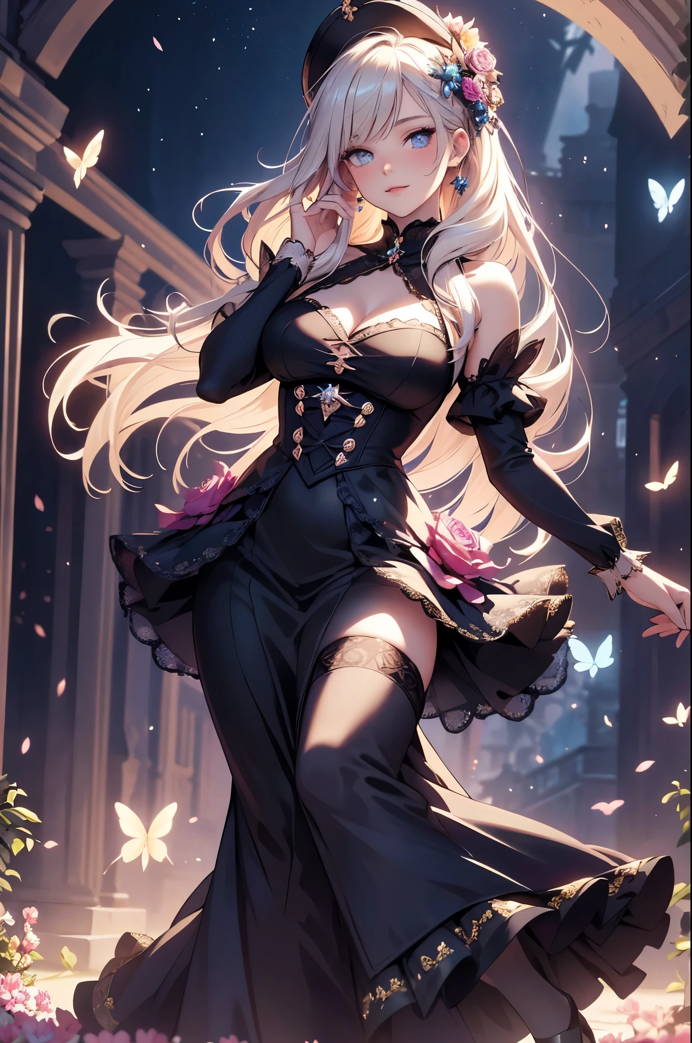 One girl, Long Hair, Light Hair Color, Captivating eyes, Mysterious look, Mature Appearance, Attractive dress, loose fitting dress, Elegant Jewelry, Elaborate decoration, Magic symbols, Glowing Accessories, Portion, Scroll, Cute accent,ribbon, Magic Effects, Crystal Jade, Particles of light, Rubik's Square,