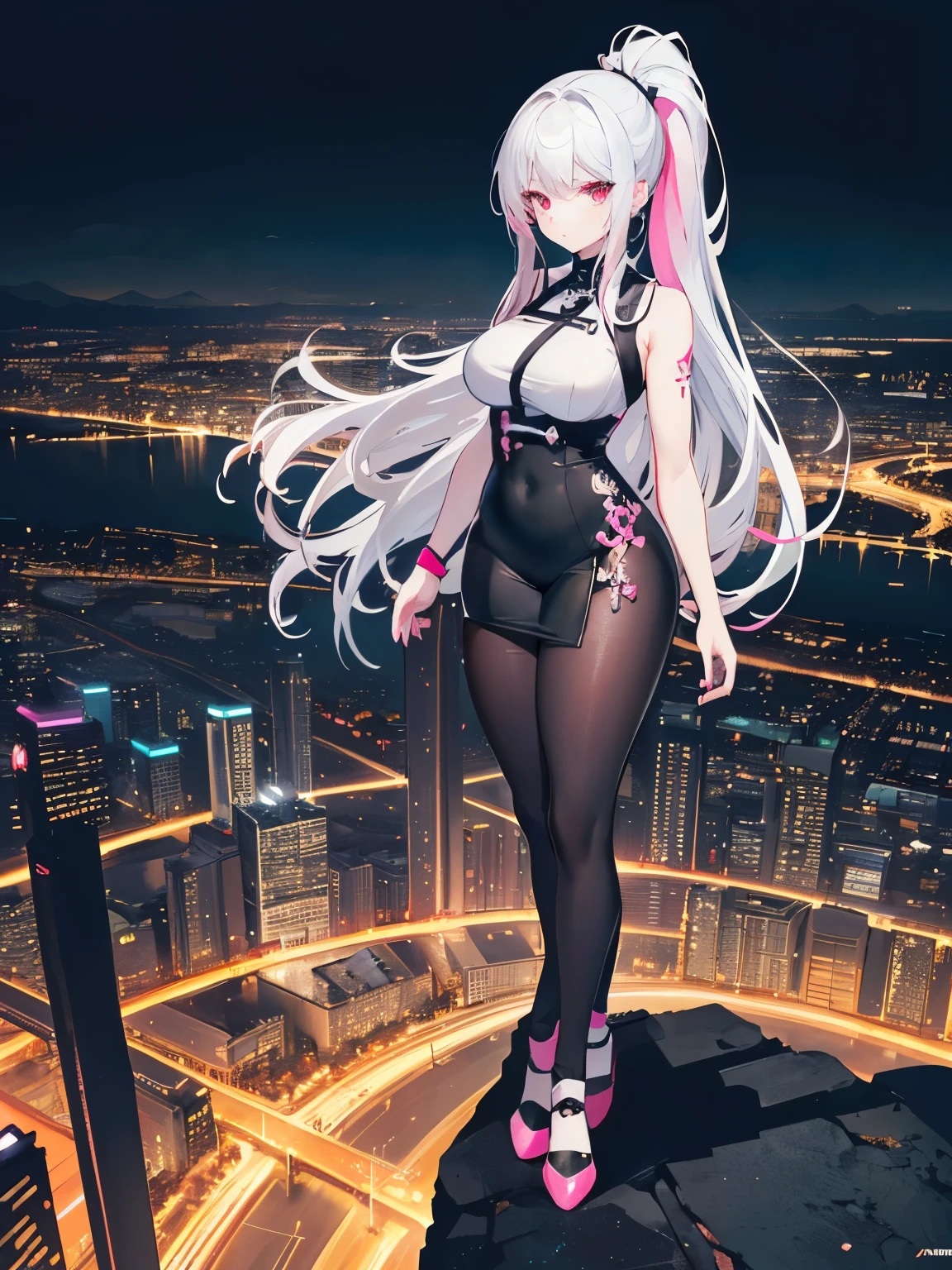 anime, (artwork, best quality, ultra-detailed, high contrast), 1 woman brasilian (Alone, full body, plus size body, standing on the edge of the skyscraper, silver hair, LONG In a ponytail, red eyes, perfect eyes ruby sparkles, (simple black qipao, black cybernetics with neon pink), transparent black socks), (skyscraper roof, overlooking a city, detailed background ((night time, Darkness, low light pollution)))