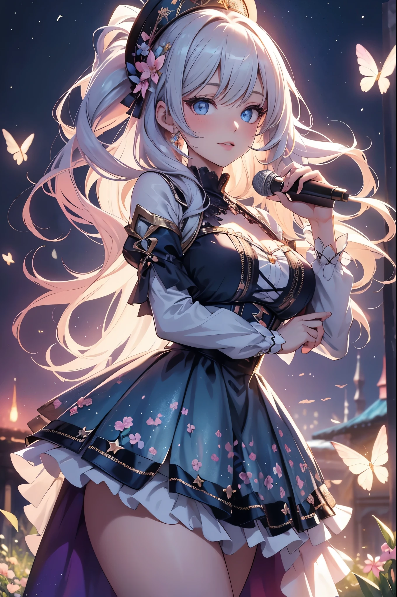 (best quality,4k,8k,highres,masterpiece:1.2),ultra-detailed,(realistic,photorealistic,photo-realistic:1.37),acrylic painting,beautiful German model in a Lolita dress with downy hair,beautiful German model with extremely colorful hair and detailed facial features,beautiful German model standing in a beautiful garden surrounded by a starry sky,beautiful German model wearing a vibrant Lolita dress,beautiful German model with intricate accessories and a matching hat,beautiful German model posing gracefully with her hands on her hips,beautiful German model with long flowing twintails,beautiful German model with bright blue eyes and rosy lips,beautiful German model with a joyful expression,beautiful German model in a dynamic pose with cherry blossoms falling around her,beautiful German model surrounded by colorful flowers and butterflies,beautiful German model's dress adorned with cute bows and lace details,beautiful German model with an enchanting smile,beautiful German model with soft, pastel-colored shading,beautiful German model with a magical glow illuminating her,beautiful German model in a picturesque setting with a winding path leading to a magnificent castle,beautiful German model holding a microphone and singing passionately,beautiful German model with a fairytale-like background,beautiful German model with a soft, dreamy atmosphere,beautiful German model with a subtle bokeh effect,beautiful German model standing under a moonlit sky,beautiful German model with a warm, golden sunset in the background,beautiful German model surrounded by twinkling stars and colorful nebulae,creating an ethereal and captivating artistic masterpiece. 