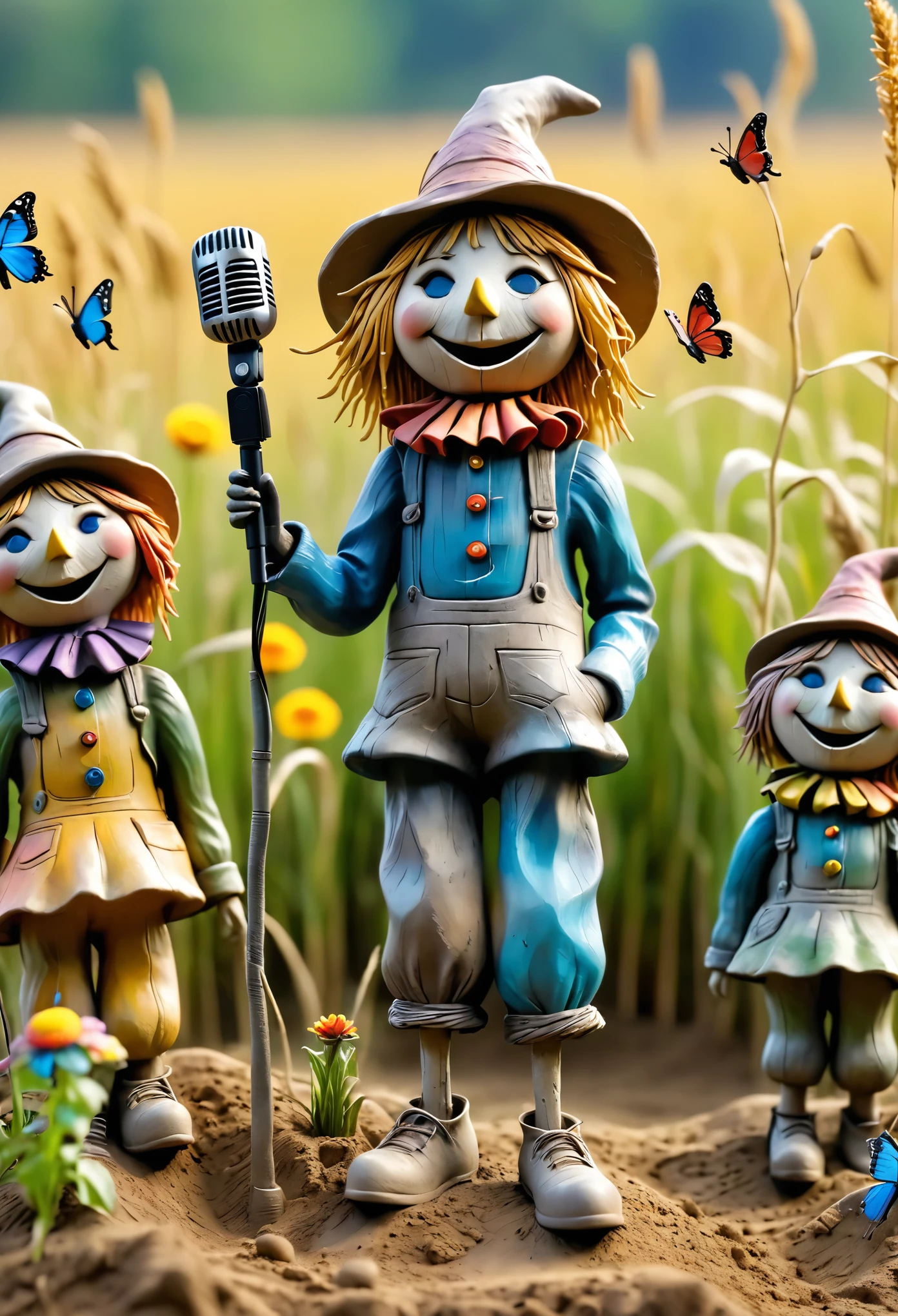 (best quality:1.2),ultra-light Clay, Clay, Pottery, distressed, dirty, mineral pigments, 3D Clay sculpture art, Clay sculpture, Rough surface, (artwork,Several singing scarecrows in the field。Holding the microphone,Long legs,Interesting concept art,),Colorful butterflies in the air,Bokeh,Soft and beautiful picture