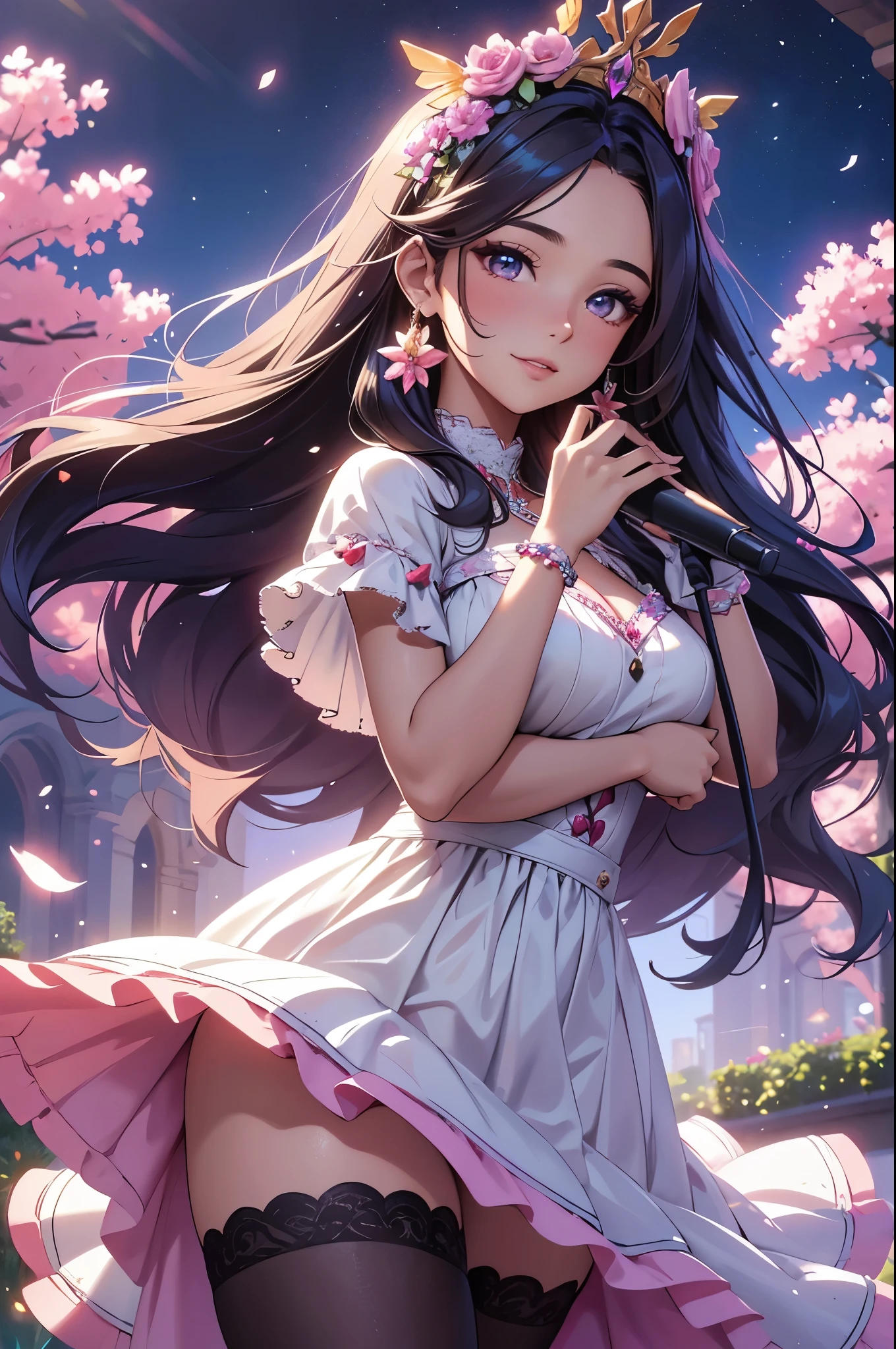 (best quality,4k,8k,highres,masterpiece:1.2),ultra-detailed,(realistic,photorealistic,photo-realistic:1.37),acrylic painting,beautiful Latina model in a Lolita dress with downy hair,beautiful Latina model with extremely colorful hair and detailed facial features,beautiful Latina model standing in a beautiful garden surrounded by a starry sky,beautiful Latina model wearing a vibrant Lolita dress,beautiful Latina model with intricate accessories and a matching hat,beautiful Latina model posing gracefully with her hands on her hips,beautiful Latina model with long flowing twintails,beautiful Latina model with bright blue eyes and rosy lips,beautiful Latina model with a joyful expression,beautiful Latina model in a dynamic pose with cherry blossoms falling around her,beautiful Latina model surrounded by colorful flowers and butterflies,beautiful Latina model's dress adorned with cute bows and lace details,beautiful Latina model with an enchanting smile,beautiful Latina model with soft, pastel-colored shading,beautiful Latina model with a magical glow illuminating her,beautiful Latina model in a picturesque setting with a winding path leading to a magnificent castle,beautiful Latina model holding a microphone and singing passionately,beautiful Latina model with a fairytale-like background,beautiful Latina model with a soft, dreamy atmosphere,beautiful Latina model with a subtle bokeh effect,beautiful Latina model standing under a moonlit sky,beautiful Latina model with a warm, golden sunset in the background,beautiful Latina model surrounded by twinkling stars and colorful nebulae,creating an ethereal and captivating artistic masterpiece.