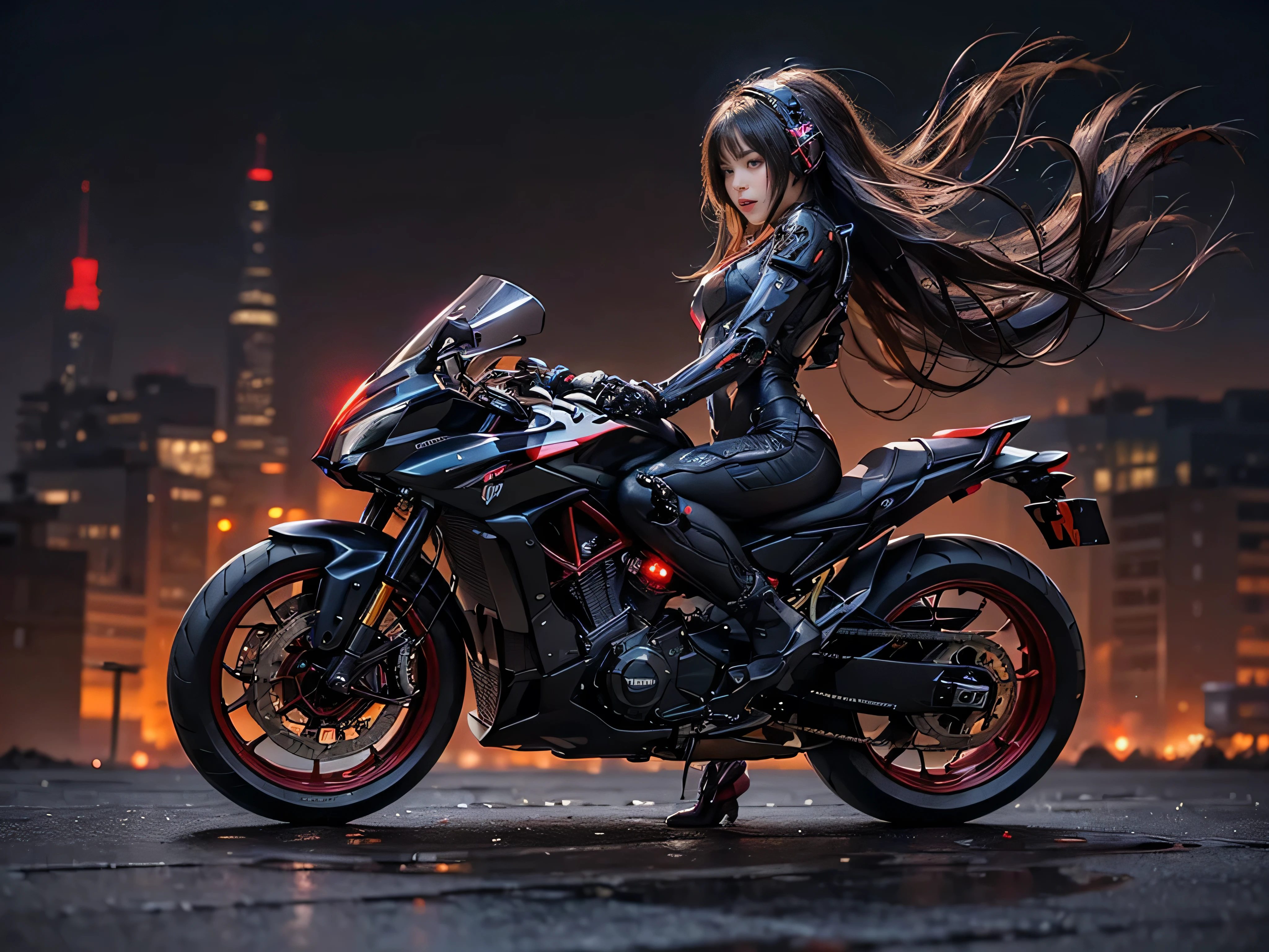 (RAW quality:1.4), masterpiece, highest quality, High resolution, dark_Fantasy, cyber punk, (Sword Weapons,red:1.1),1 person, Japanese women, ************, mechanical,Robotic presence,Cybernetic Guardian, darkness, Night city background, at night, cyber punk mecha humanoid black and red  is riding  a futuristic Ducati Panigale V4 race motorcycle on a mountain road at night, Realistic Style, Inspired by Blade Runner, Dark and dramatic lighting, Red and Black Theme, Central curve composition, Rear view. (An ultra-fine masterpiece:1.5), (beautifuly intricate:1.5), (highest quality:1.5), (beautiful + beautiful + Harmonious:1.5), (Highly detailed face, Ultra-detailed eyes, Highly detailed mouth, Super-detailed body, Very fine needles, Very elaborate clothing, Ultra-detailed landscapes:1.5), (Sharpen details:1.2), Blurred Background, Shallow subject depth,