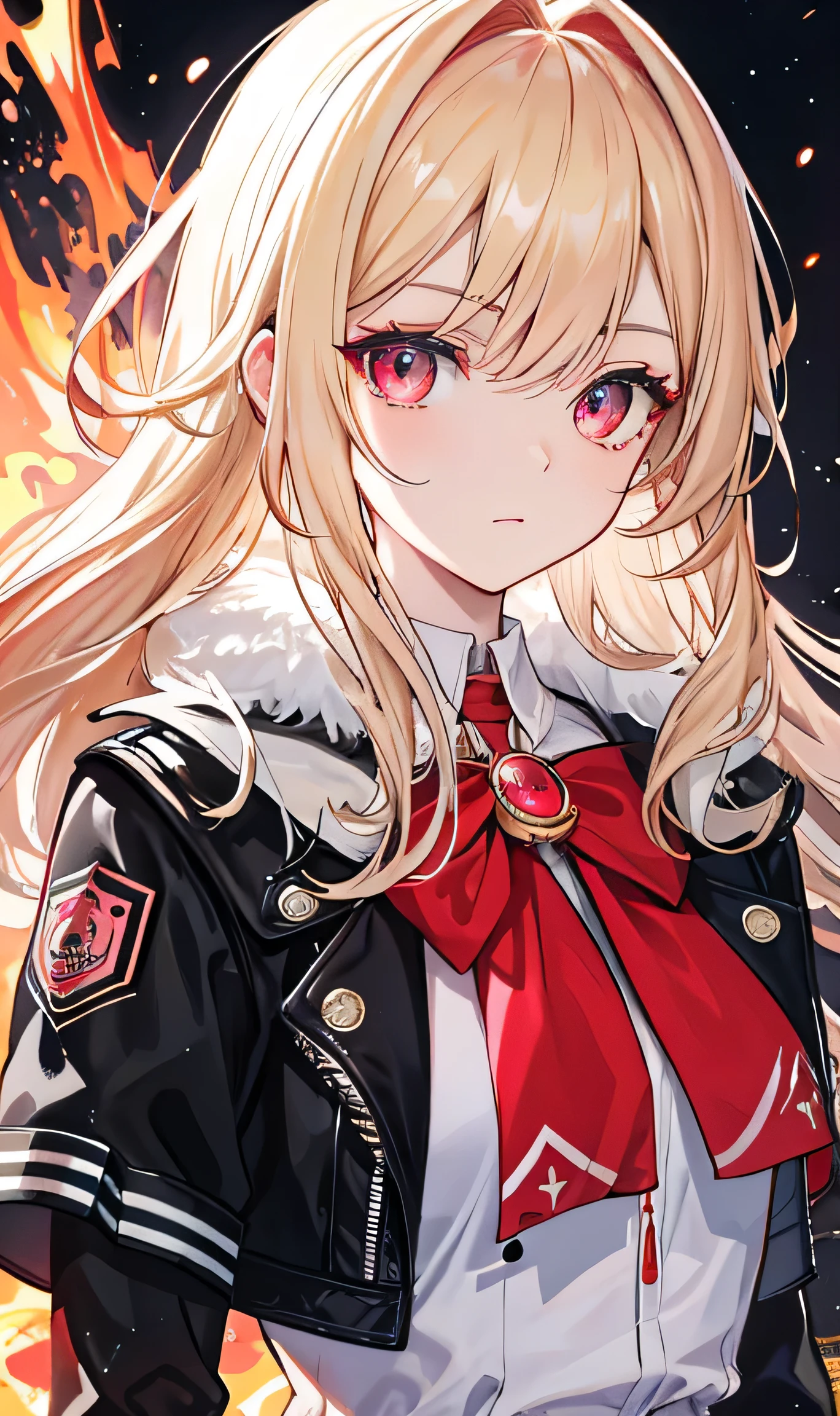 (tmasterpiece,Sideslit,Beautiful eyes:1.2),(tmasterpiece*sportrait),sportrait,busts,(busts),Lifelike,Anatomical correct,3D Face,luscious skin,(Solo),Blonde hair and pickaxe dyeing,Gradient hair,(closeup of face),Lovely face,(Fire opal-like scarlet eyes),Hanging eye corners,((highdetailskin,Visible pores)),(Perfect body),beuaty girl,little breast,((Women's super short shawl leather jacket)),((school_uniform)),(neck rings),very short gloves,(chain),(Laser material clothing:1.2)She's very revealing、With big breasts、In white space、I can see the whole body