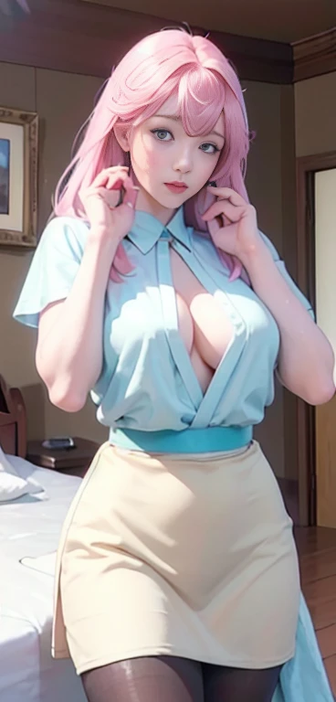 ((Top Quality、16K、masterpiece:1.3))、a tall and beautiful woman、Perfect Figure:1.4、(dream aesthetic) Slim Abs, young natural girl (beautiful) solo, long voluminous pale-pink hair 、messy hairstyle (with hair bangs), turquoise-blue eyes, pale-white skin (highlighted, realistic shading)、Huge bust、Highly detailed facial and skin texture、(A detailed eye, Symmetry Eyes, Clear realistic eyes, Double eyelidd、Cold-stricken face、Symmetrical face), very realistic skin, goth makeup, Royal sisters full of fans、The Telegraph Esbian、peach buttocks, white shirt, black skirt, black tights, cleavage, squart、(Raw foto:1.2)、((Photorealcitic:1.4))Top Quality、masterpiece、Real Photography、very delicate and beautiful.、super detailed CG、Unity、8K photo wallpaper、delicate detail、best qualtiy、Highly detailed CG unity 16k wallpaper、absurderes、Incredibly Absurd、huge file size、extremely highly detailed、Hight Resolution、ighly Details、Beautiful detail girl、extremely beautiful eyes and face, cute eyes look、Facial light、cinematic lightings、(Proportional hips, thick thighs, beautiful legs, realistic pantyhose) 1girll、see -through, inside house (bedroom) 、ulzzang-6500、The Telegraph Esbian, different poses at different angles,