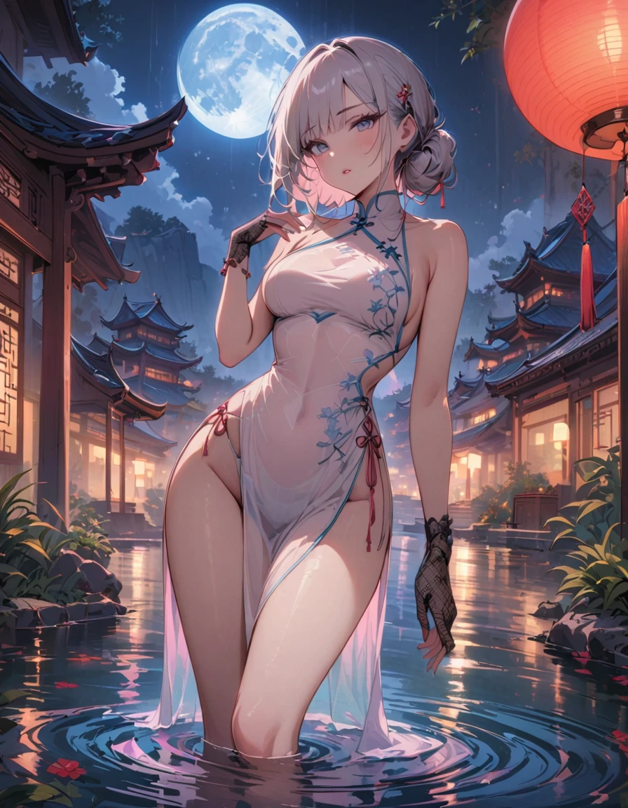 masterpiece, highres, the best, night, full moon, 1 adult woman, solo, standing in water, Chinese Architecture, cheongsam, white China lingerie, Royal sister, blushing, woman with long silver hair, light pink lips, fishnet stockings, calm, intellectuals, Three bangs, lace gloves, grey eyes, lake view, facial details, ((sfw)),