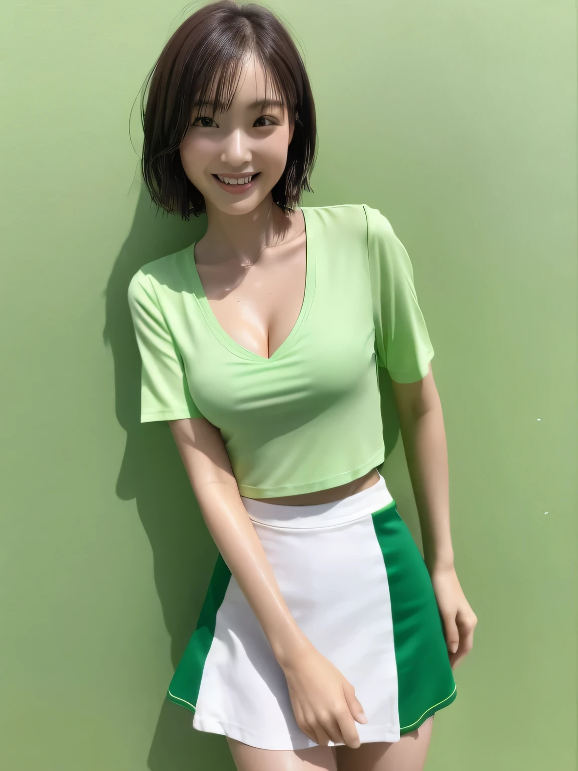 Super Detailed、masterpiece、best quality、Ultra-high resolution、8K、High level of image quality、Live Recording、Transparency that looks great in photos、Meticulous Eyes、level、Perfect body proportions ,harddisk、north african trade zone , Nikon Z9 80mm lens 、In the garden, ((Wear a light green shirt:1.5)), (blue flared skirt:1.5)),Young beautiful girl， Perfect body shape， Perfect body shape， Totally Gonzo， Perfect body， （first：1.3）， Obscene pose，（Huge tits：0.2）， ((long, Thick, Sexy legs:1.3))， （(Wide hips：1.8)），(Elegant White shirt:1.5), Cute Korean girl, K-pop idol，(White skin), (Double eyelids、big eyes:1.4),（Smile：1.0），（Plump and sexy lips），Business Attire, Business suit, Wearing a shirt, merchant, Flesh color, (No、White shirt:1.5), Wear a very thin shirt, Silk Clothing, business attire, Dress、Super Detail, Realistic skin texture, Detailed makeup, beautiful Meticulous Eyess, Makeup - makeup、Bright Eyes、Glossy lips、High heel、full-body shot、S-Shaped Body， Upturned butt，City Garden、((In the background is a garden))、,(Short brown hair:1.5)、(Large Breasts,cleveage:1.5),((Wide hips:1,5)),((Standing)),((Turn around，Keep your ass out:1.3)),(skirt lift),Show off white underwear