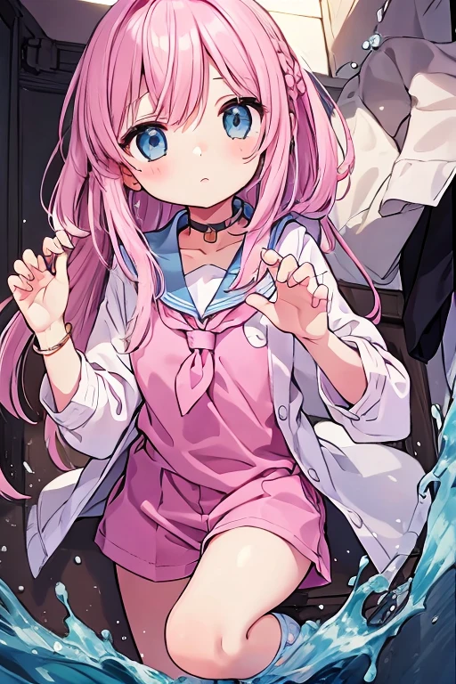 Beautiful illustrations, highest quality, (-yeld gi1.4)、(pretty girl:1.5)、、Flat Chest、Sailor collar、(White long tunic)、Long sleeve sailor suit、Blue-line cuffs、(Pink Chino Shorts:1.7)、(Pink shorts with wide openings:1.6)、Gap between thigh and pants、Thin thighs、White socks、 Cinema Lighting, (Pink Long Hair)、Pink Straight Hair、Redness on the cheeks、(Braiding of the back of the head)