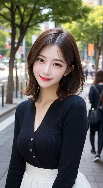 Tabletop, highest quality, figure, Very detailed, In detail, High resolution, 8k wallpaper, Perfect dynamic composition, Beautiful fine details, Revealing clothing,Medium Hair, Center of chest, Natural color lip, Random sexy poses,smile,Aoyama Street Walk、20-year-old girl