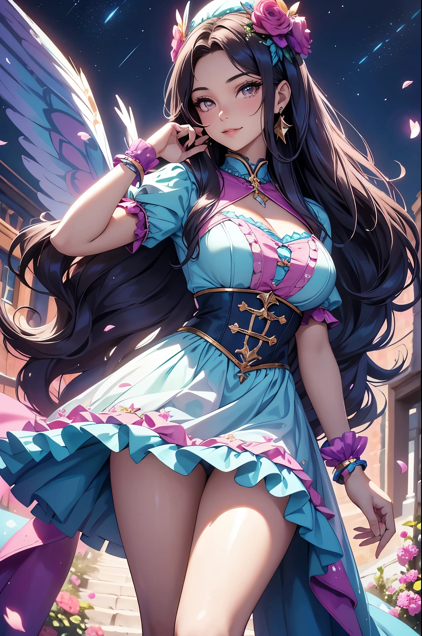 (best quality,4k,8k,highres,masterpiece:1.2),ultra-detailed,(realistic,photorealistic,photo-realistic:1.37),acrylic painting,beautiful Latina model in a ta dress with downy hair,beautiful Latina model with extremely colorful hair and detailed facial features,beautiful Latina model standing in a beautiful garden surrounded by a starry sky,beautiful Latina model wearing a vibrant Loliress,beautiful Latina model with intricate accessories and a matching hat,beautiful Latina model posing gracefully with her hands on her hips,beautiful Latina model with long flowing twintails,beautiful Latina model with bright blue eyes and rosy lips,beautiful Latina model with a joyful expression,beautiful Latina model in a dynamic pose with cherry blossoms falling around her,beautiful Latina model surrounded by colorful flowers and butterflies,beautiful Latina model's dress adorned with cute bows and lace details,beautiful Latina model with an enchanting smile,beautiful Latina model with soft, pastel-colored shading,beautiful Latina model with a magical glow illuminating her,beautiful Latina model in a picturesque setting with a winding path leading to a magnificent castle,beautiful Latina model holding a microphone and singing passionately,beautiful Latina model with a fairytale-like background,beautiful Latina model with a soft, dreamy atmosphere,beautiful Latina model with a subtle bokeh effect,beautiful Latina model standing under a moonlit sky,beautiful Latina model with a warm, golden sunset in the background,beautiful Latina model surrounded by twinkling stars and colorful nebulae,creating an ethereal and captivating artistic masterpiece.
