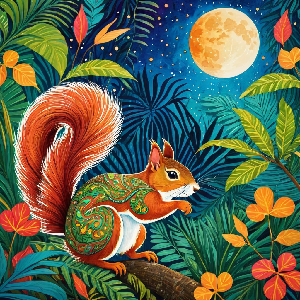 Naive art painting inspired by Halyna Kulaga and Laurel Burch of a beautiful squirrel girl in the jungle, tropical foliage, a colorful moon, bold strokes, textural.
