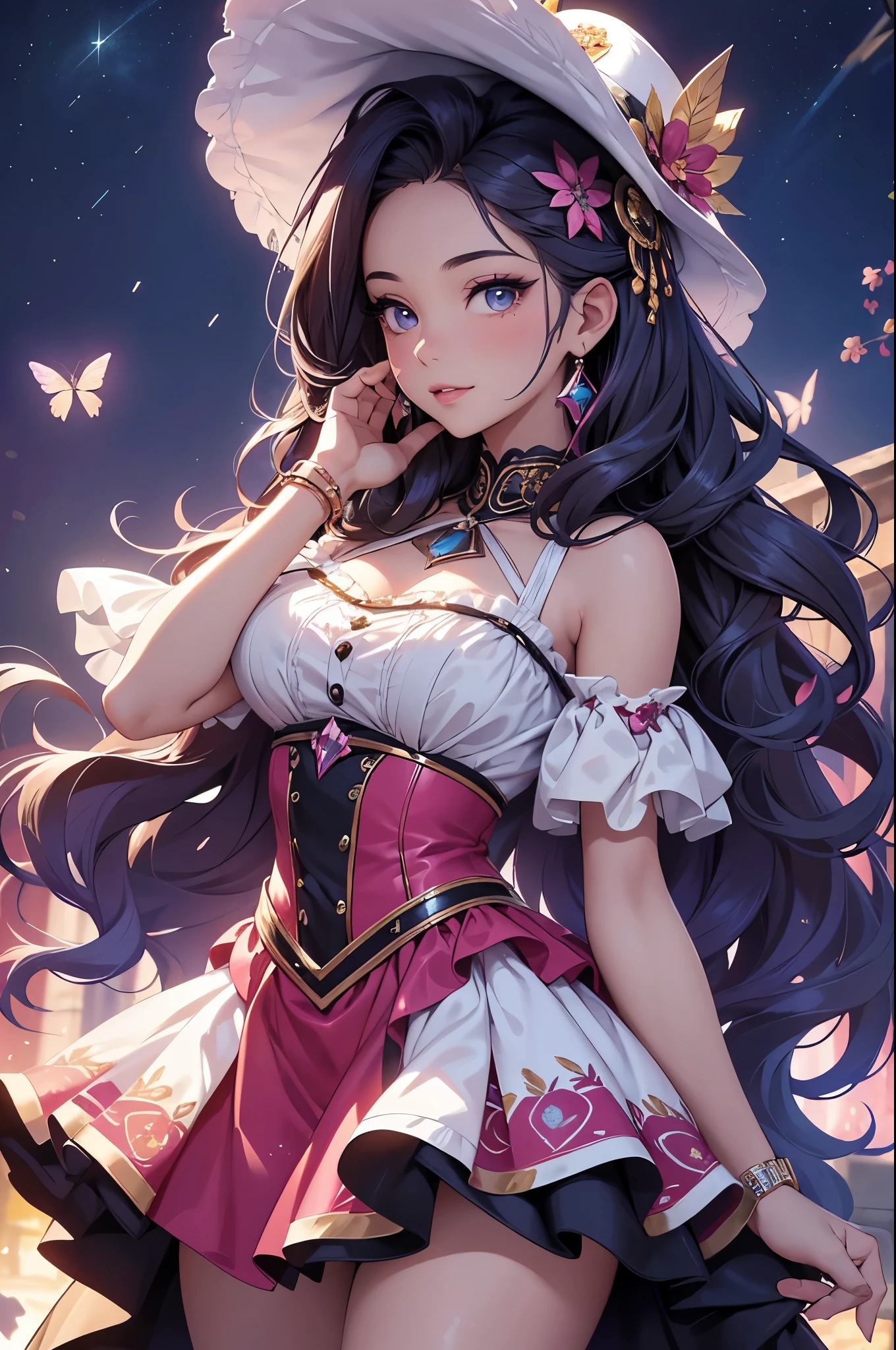 (best quality,4k,8k,highres,masterpiece:1.2),ultra-detailed,(realistic,photorealistic,photo-realistic:1.37),acrylic painting,beautiful Latina model in a ta dress with downy hair,beautiful Latina model with extremely colorful hair and detailed facial features,beautiful Latina model standing in a beautiful garden surrounded by a starry sky,beautiful Latina model wearing a vibrant Loliress,beautiful Latina model with intricate accessories and a matching hat,beautiful Latina model posing gracefully with her hands on her hips,beautiful Latina model with long flowing twintails,beautiful Latina model with bright blue eyes and rosy lips,beautiful Latina model with a joyful expression,beautiful Latina model in a dynamic pose with cherry blossoms falling around her,beautiful Latina model surrounded by colorful flowers and butterflies,beautiful Latina model's dress adorned with cute bows and lace details,beautiful Latina model with an enchanting smile,beautiful Latina model with soft, pastel-colored shading,beautiful Latina model with a magical glow illuminating her,beautiful Latina model in a picturesque setting with a winding path leading to a magnificent castle,beautiful Latina model holding a microphone and singing passionately,beautiful Latina model with a fairytale-like background,beautiful Latina model with a soft, dreamy atmosphere,beautiful Latina model with a subtle bokeh effect,beautiful Latina model standing under a moonlit sky,beautiful Latina model with a warm, golden sunset in the background,beautiful Latina model surrounded by twinkling stars and colorful nebulae,creating an ethereal and captivating artistic masterpiece.
